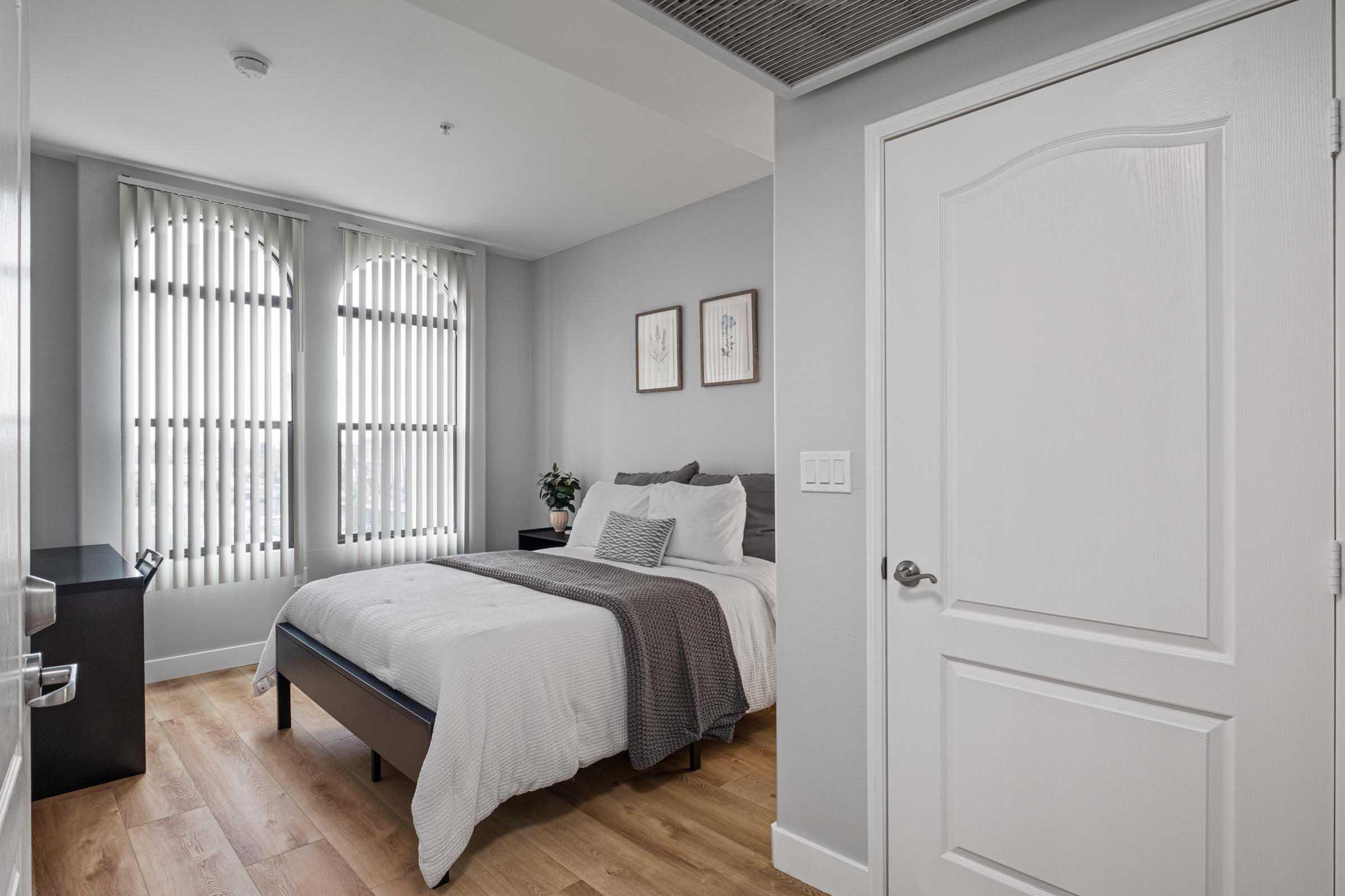 A modern bedroom featuring a queen-size bed with gray bedding, two large windows covered with vertical blinds, and light wood flooring. A potted plant sits on a nightstand next to the bed, and a white door leads to the hallway. Two framed botanical prints hang on the wall above the bed.