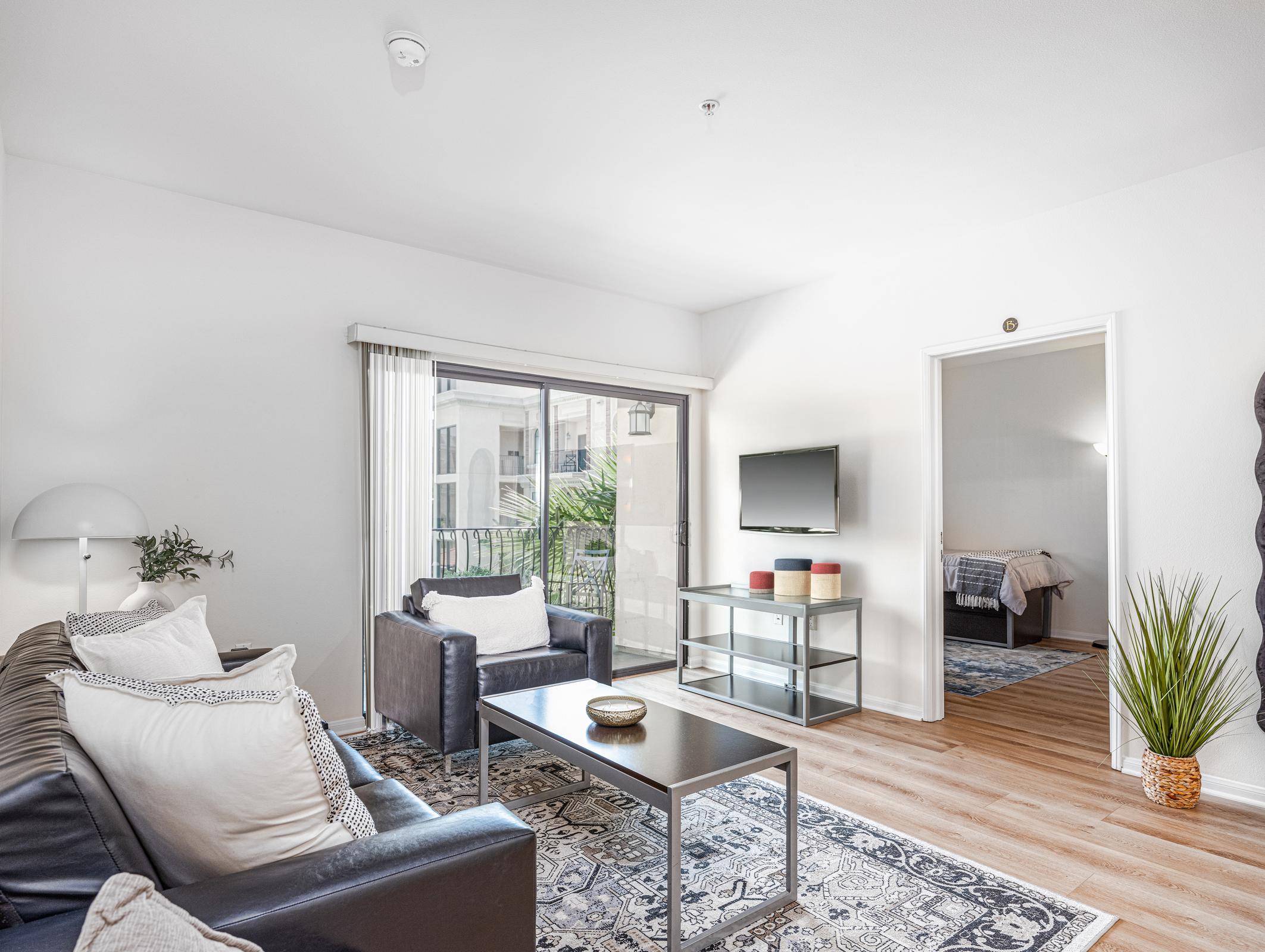 Bright and inviting living room featuring two black sofas with decorative pillows, a coffee table, and a TV on a stand. Large glass doors lead to a balcony, while a potted plant adds a touch of greenery. Wooden flooring and area rugs enhance the cozy atmosphere, with an open doorway hinting at a bedroom beyond.