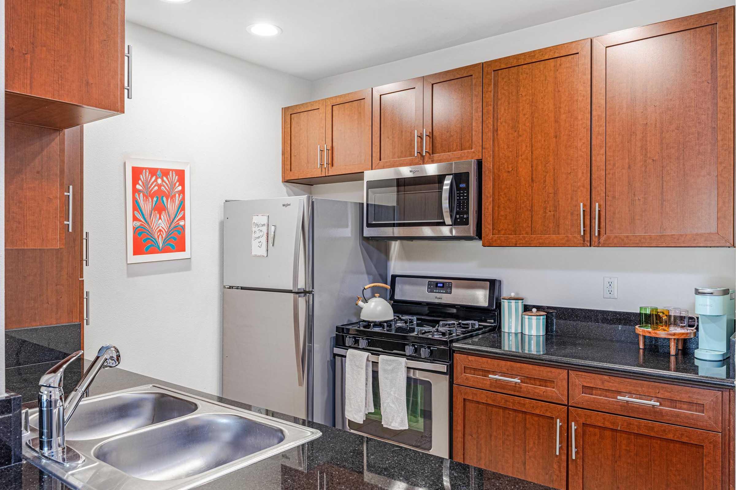 Modern kitchen featuring wooden cabinets, a stainless steel refrigerator, and a gas stove with a microwave above. There's a dual sink with a granite countertop. A colorful piece of wall art is visible. The kitchen appears well-lit and organized, with various kitchen utensils and bottles on display.