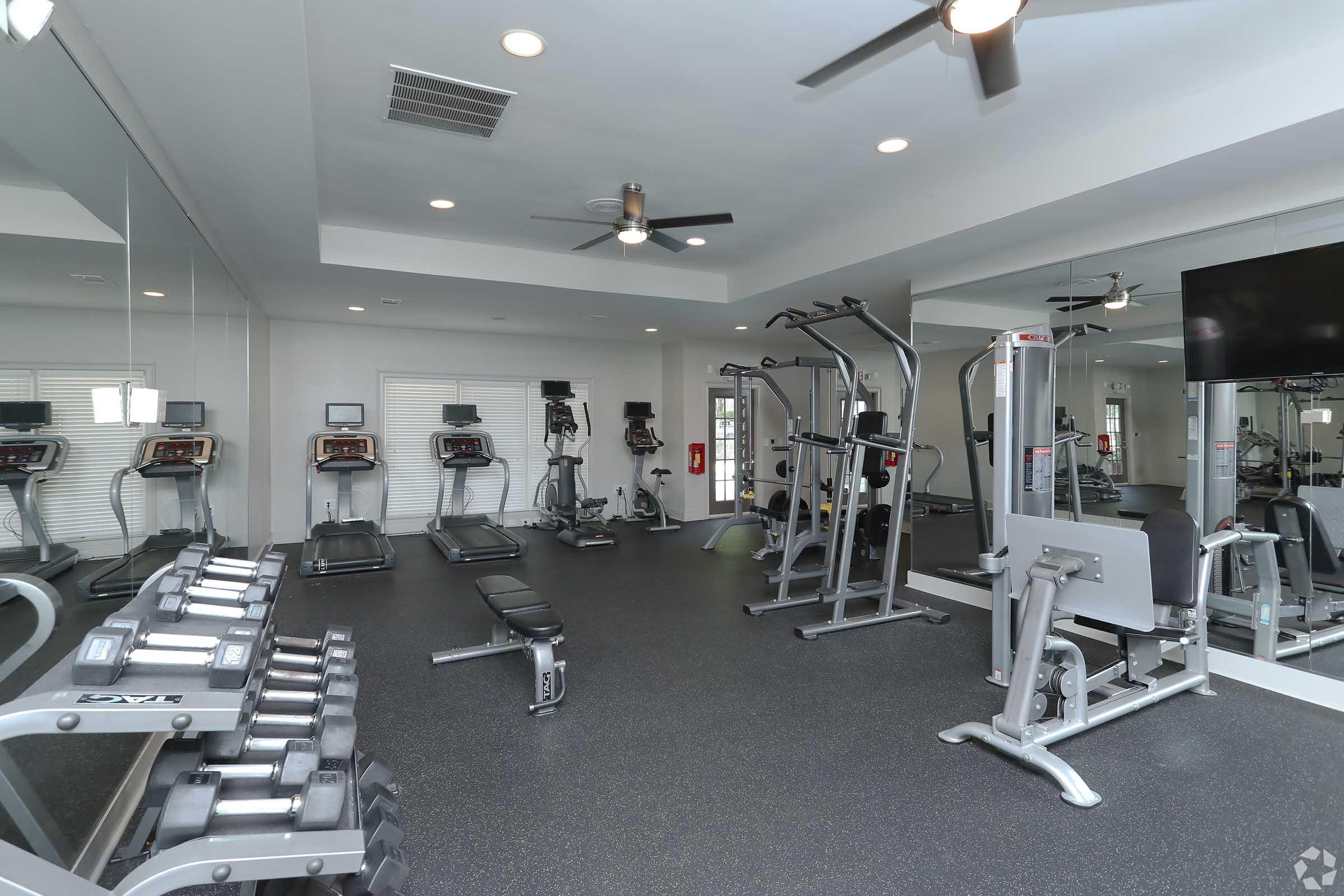 A modern gym interior featuring various exercise equipment such as treadmills, weight benches, and resistance machines. Large mirrors line one wall, and the space is well-lit with ceiling fans. A flat-screen TV is mounted on the wall, enhancing the workout environment.