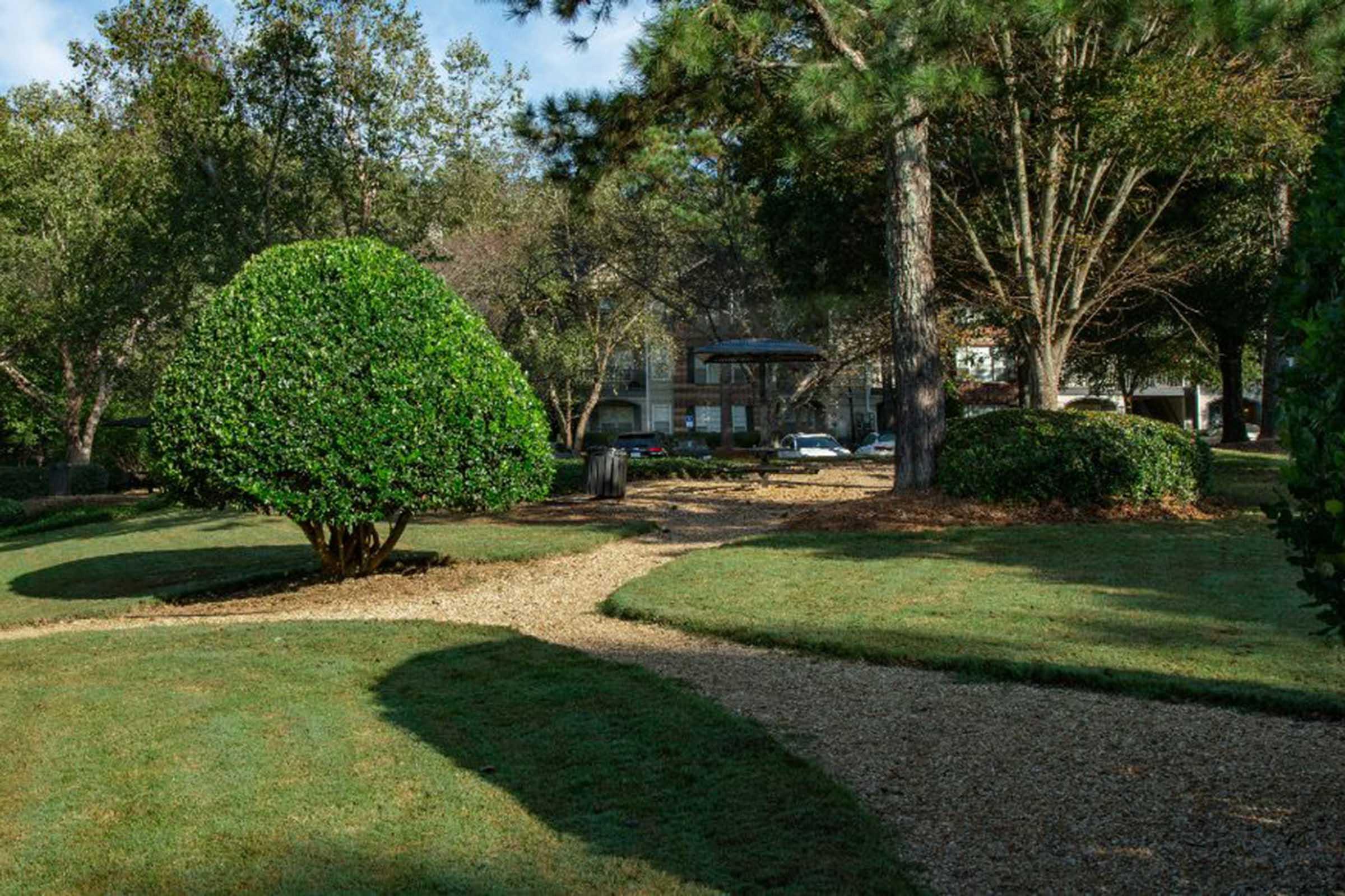 A landscaped garden with a gravel path splitting into two, surrounded by neatly trimmed shrubbery and tall trees. In the background, a glimpse of a building is visible, along with a parked car and a trash bin. Sunlight filters through the leaves, creating a serene outdoor atmosphere.