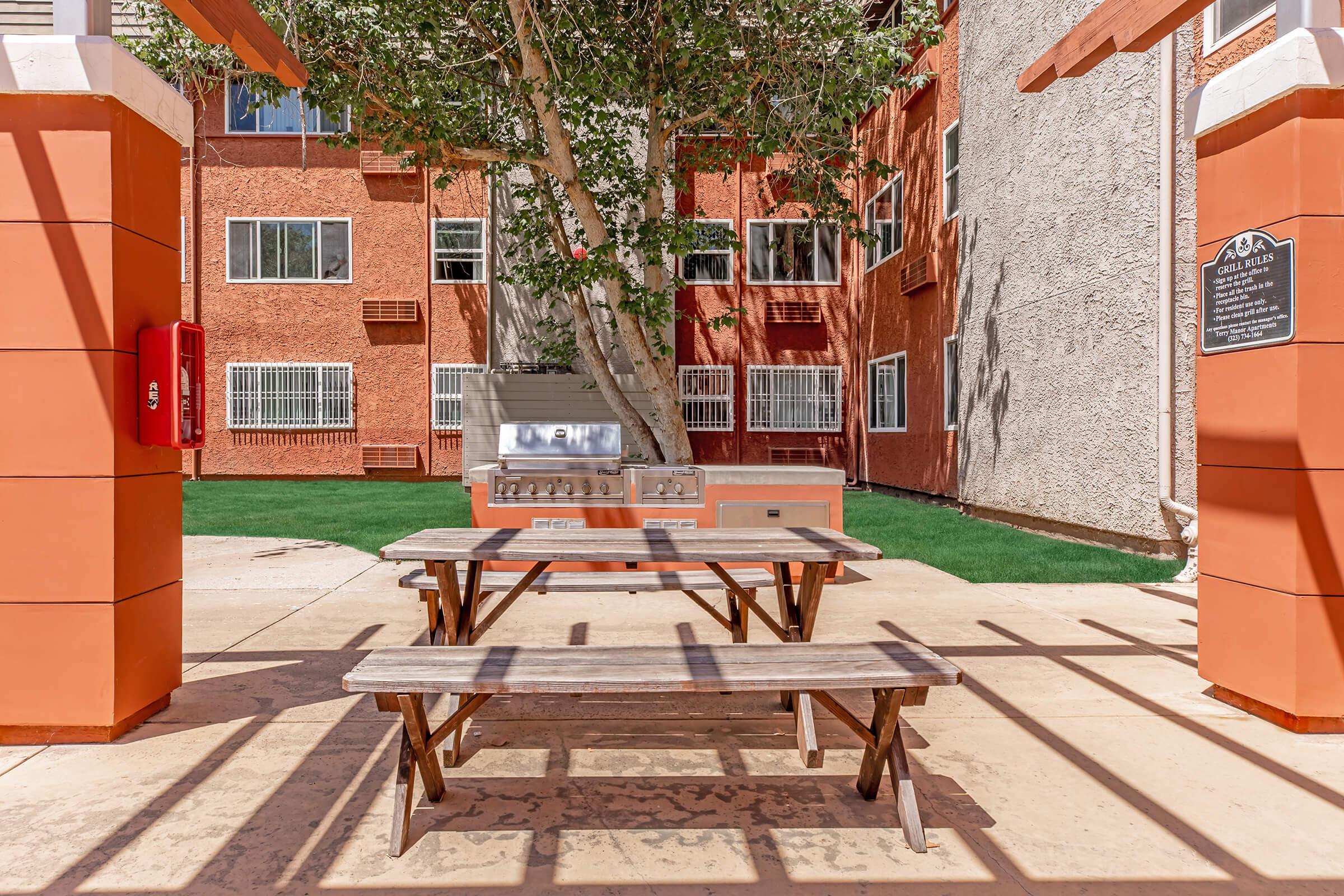 a bench in front of a building