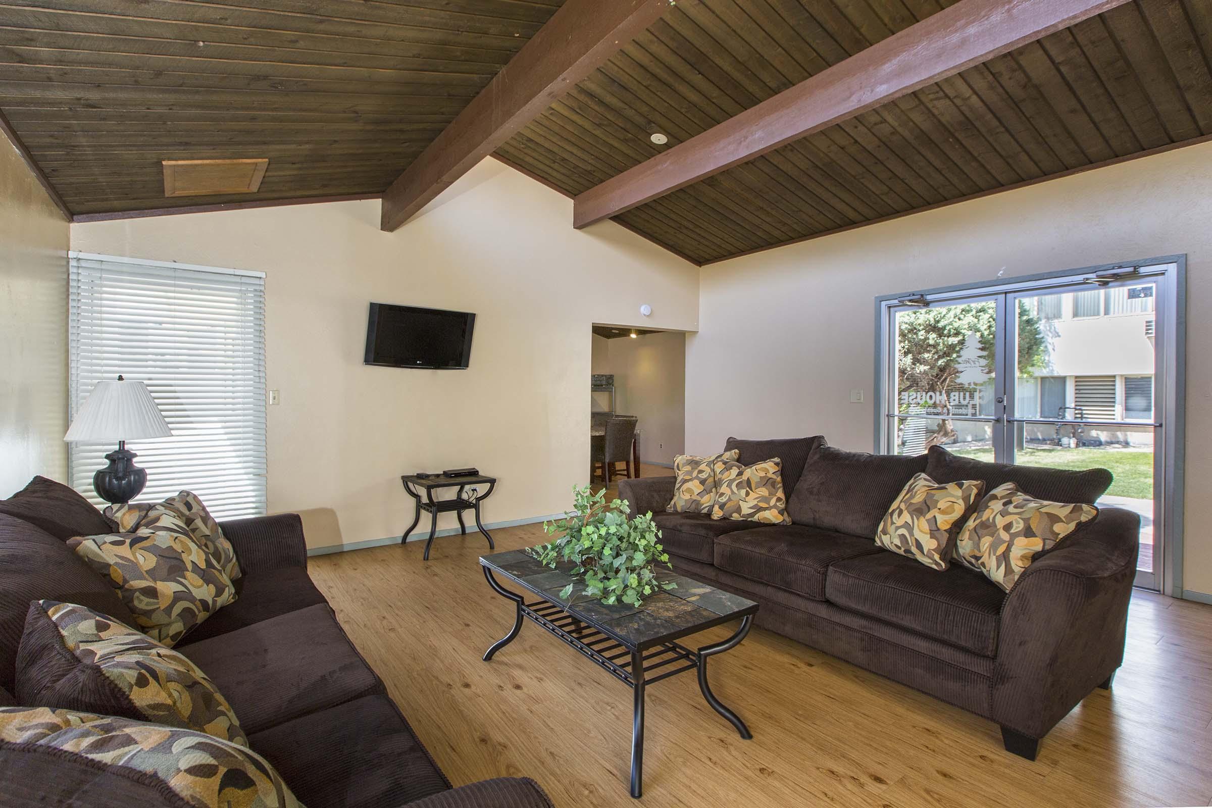 Spacious living room with a vaulted wooden ceiling, featuring a dark brown sofa and loveseat adorned with decorative pillows. A coffee table holds greenery, and a lamp stands beside the couch. A wall-mounted TV is visible. A glass door opens to an outdoor area. Natural light pours in through the windows.