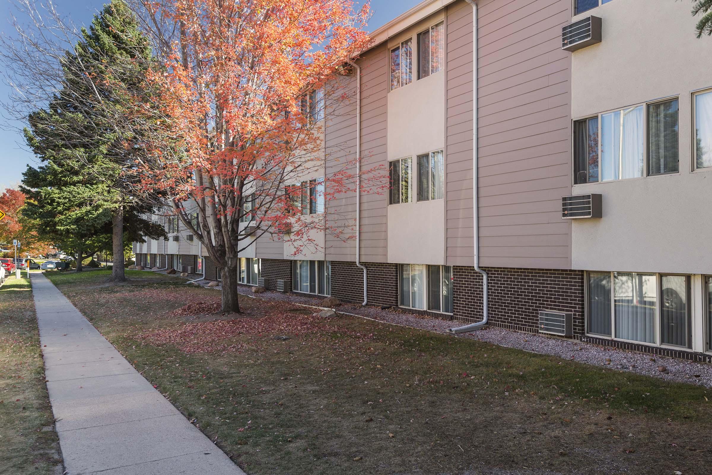 A photo of a multi-story building with a light-colored facade and several windows. In front, there is a pathway lined with grass and fallen leaves, along with a vibrant red and orange tree showcasing autumn colors. The scene conveys a peaceful, suburban environment.