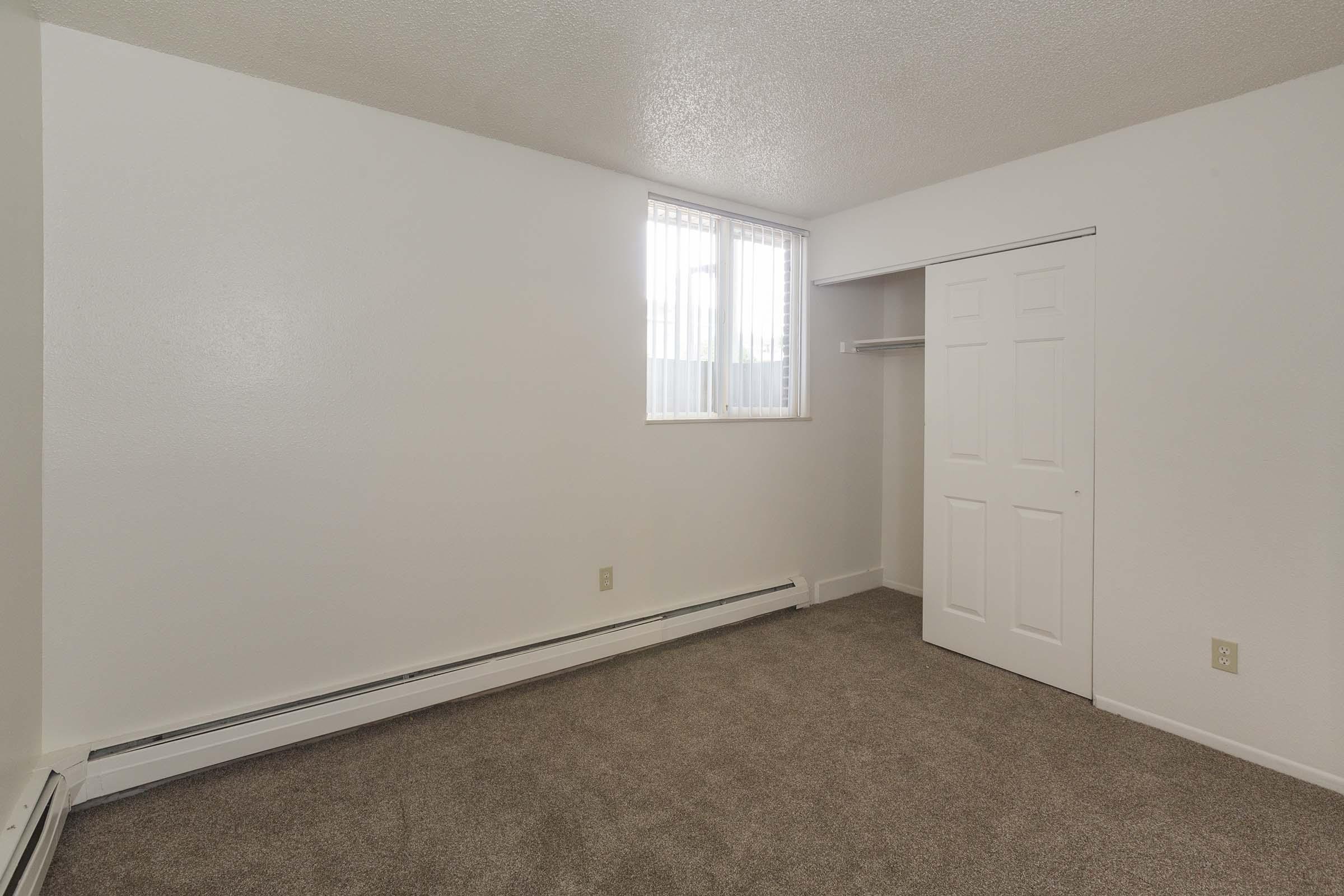 Empty room with light-colored walls and carpeted floor. A window with vertical blinds is on the left side, allowing light to enter. There is a white closet with sliding doors on the right. The space appears tidy and minimalistic, suitable for various uses.
