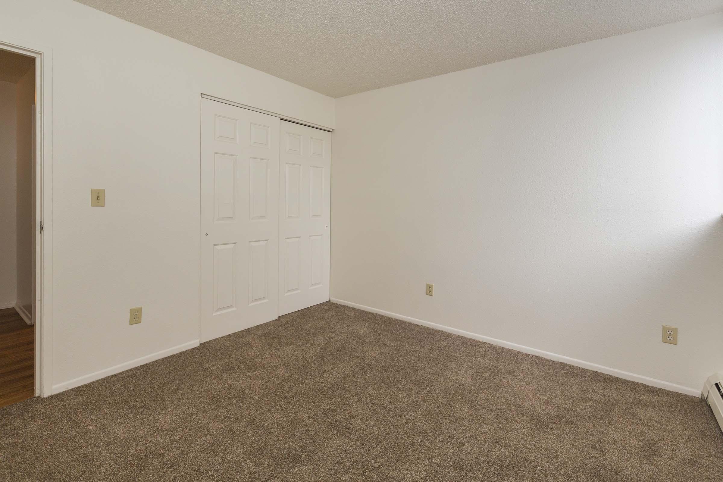 Empty room with beige carpet and white walls. There is a closet with sliding doors on the left and a small window on the right that allows natural light. The space is simple and unfurnished, providing a blank canvas for decoration or furniture arrangement.