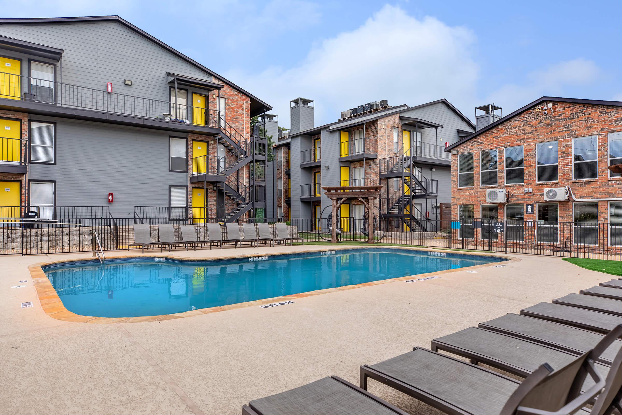 a pool of water in front of a building