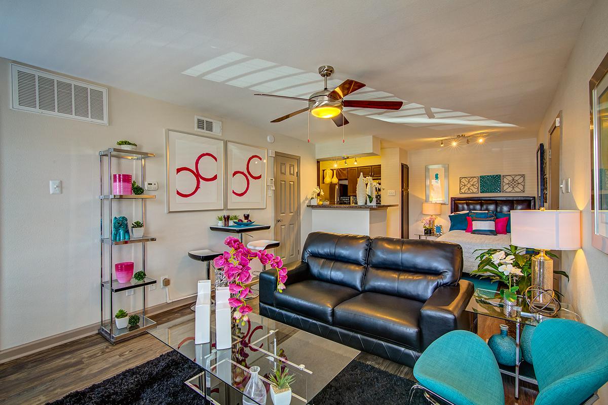 a living room with a black couch