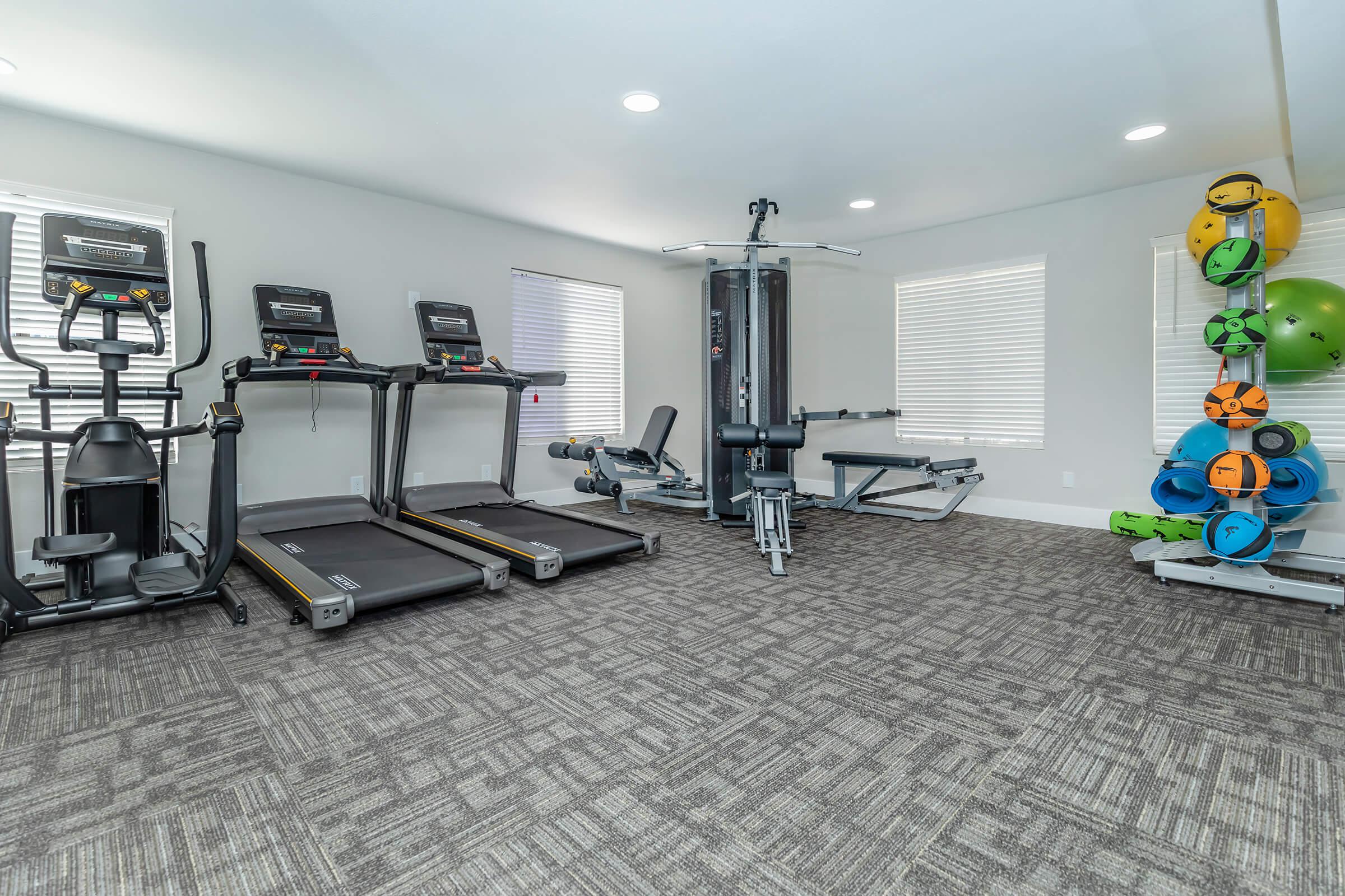 Modern fitness center gym with workout equipment and workout balls