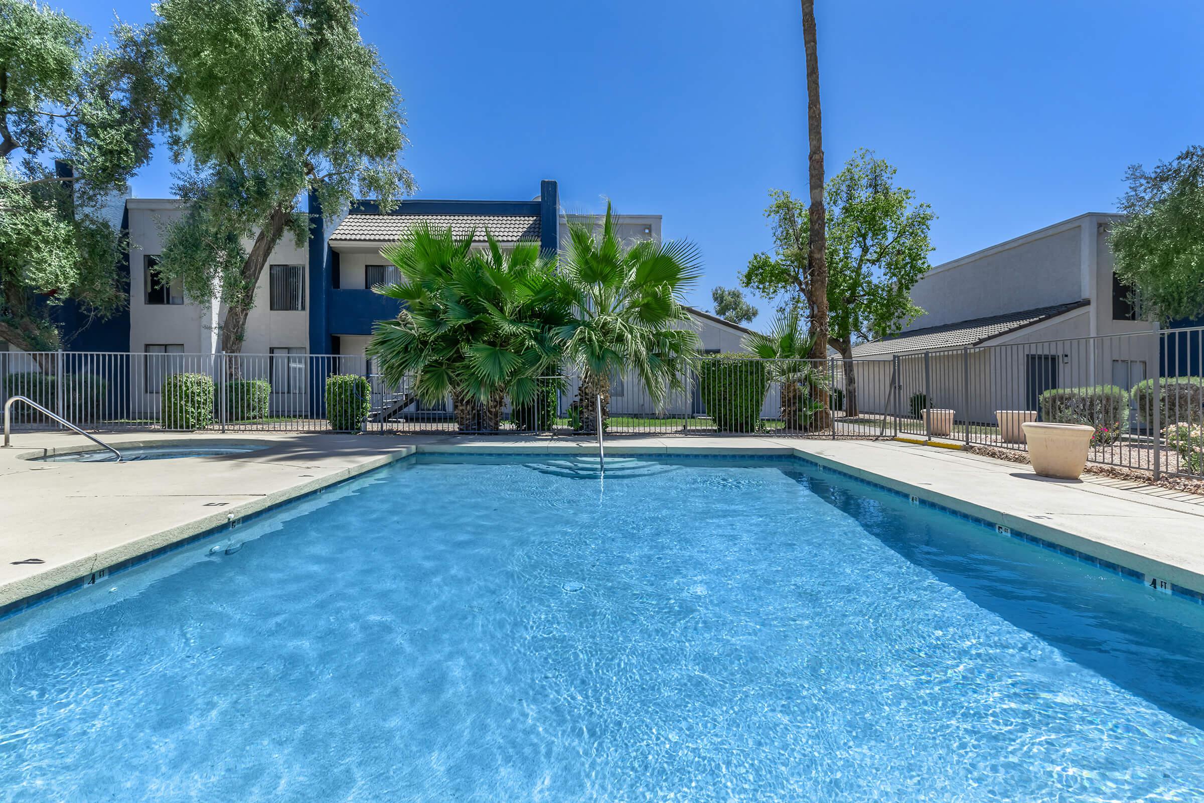 Large blue sparkling outdoor pool at Rise Camelback