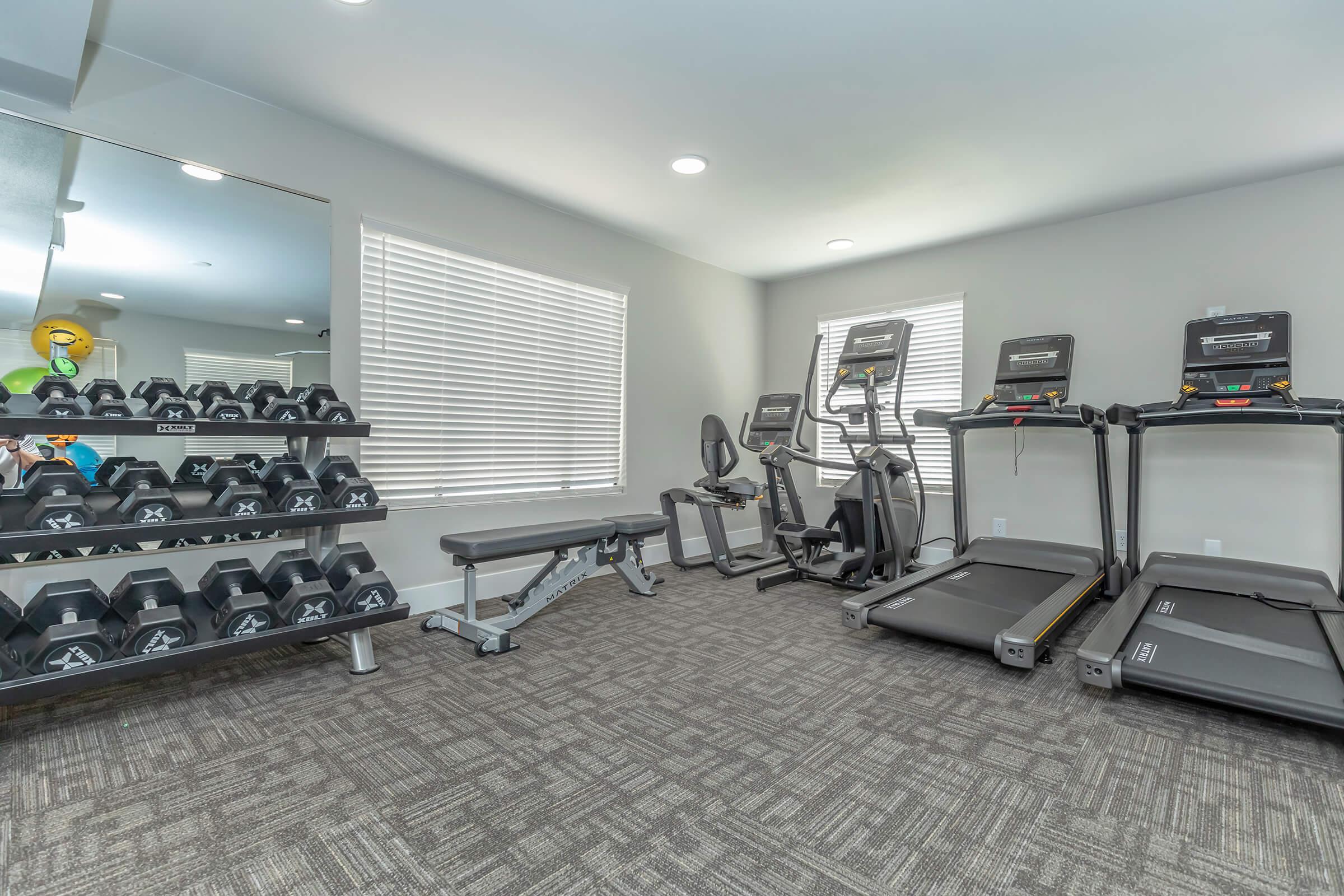 Modern fitness center gym with workout equipment and weight set at Rise Camelback in Glendale