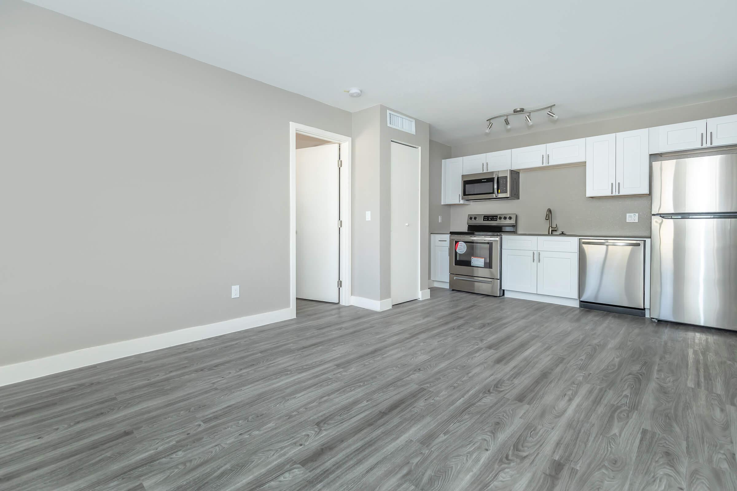 Modern renovated apartment living room with view of the kitchen