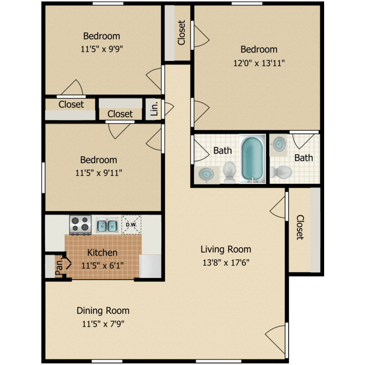 Three Bedrooms floor plan image