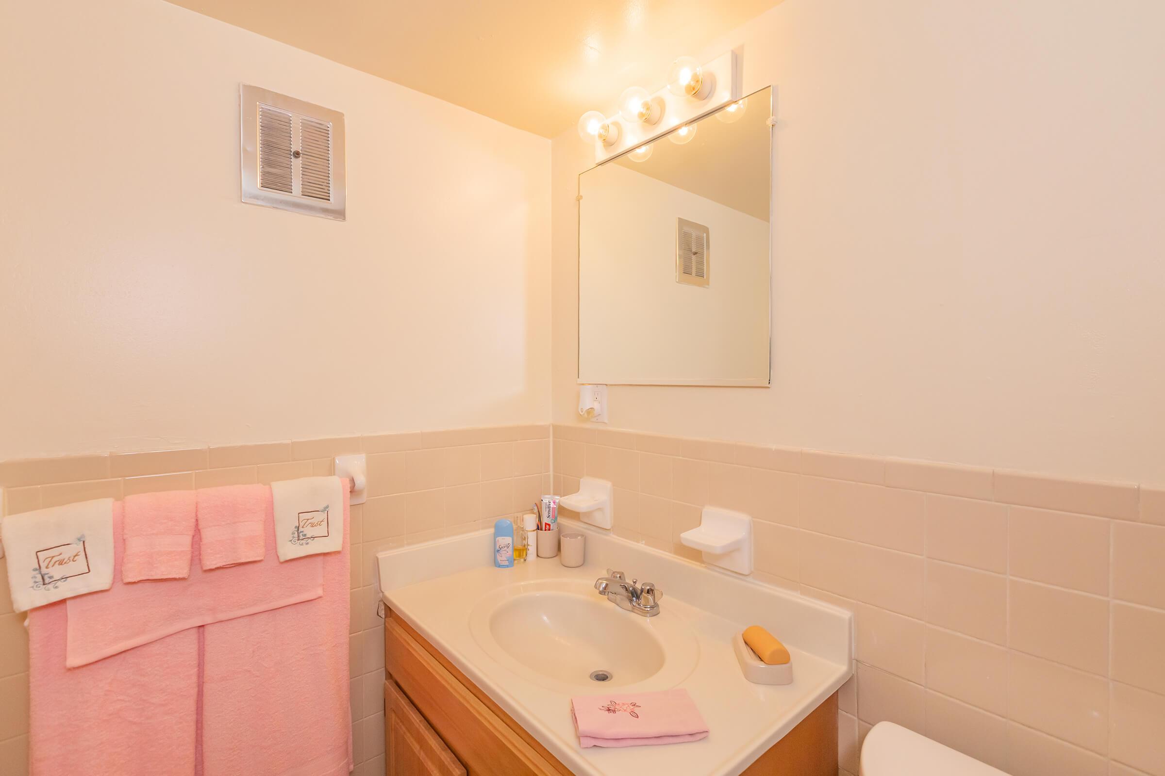 a white sink sitting under a mirror