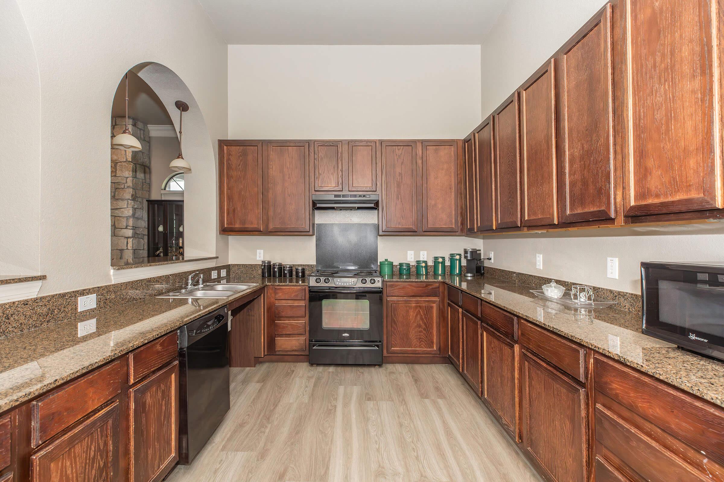 Modern kitchen featuring dark wooden cabinets, granite countertops, a black oven, and a dishwasher. There is a microwave on the counter, and various green canisters arranged neatly. The flooring is light-colored wood, and the space is well-lit with natural light.