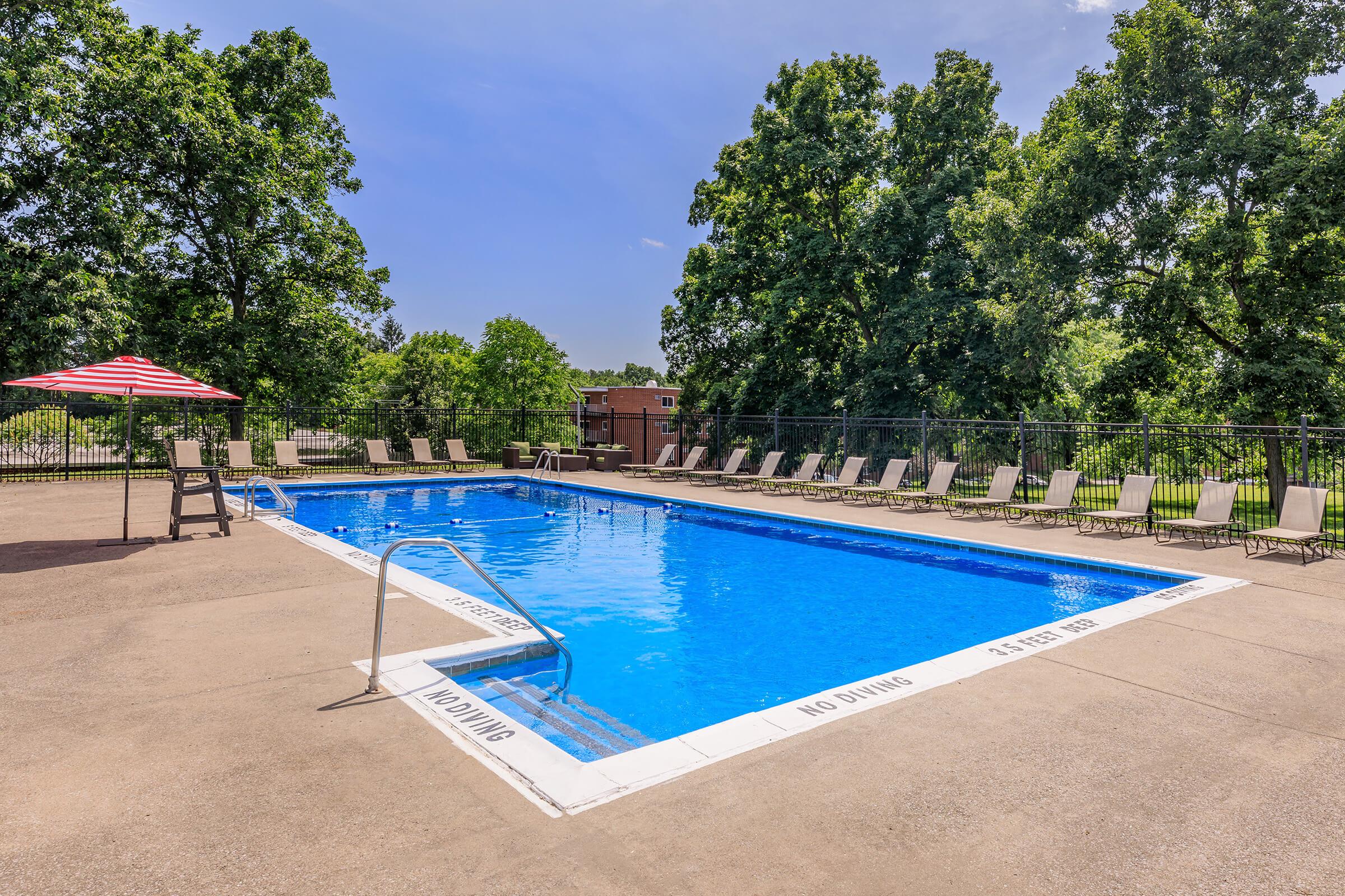 A clear blue swimming pool surrounded by a concrete patio, featuring several lounge chairs and an umbrella. Lush green trees line the background, and a warning sign indicates no diving. The sky is bright and sunny, creating a relaxing outdoor atmosphere.
