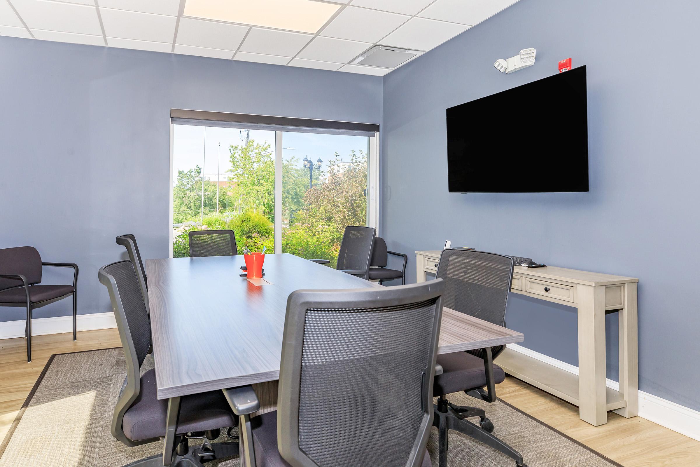A modern conference room featuring a large table surrounded by black ergonomic chairs. A flat-screen TV is mounted on the wall, and large windows provide natural light overlooking greenery outside. The walls are painted a soft blue, and there's a neutral-colored side table with a few items on it.