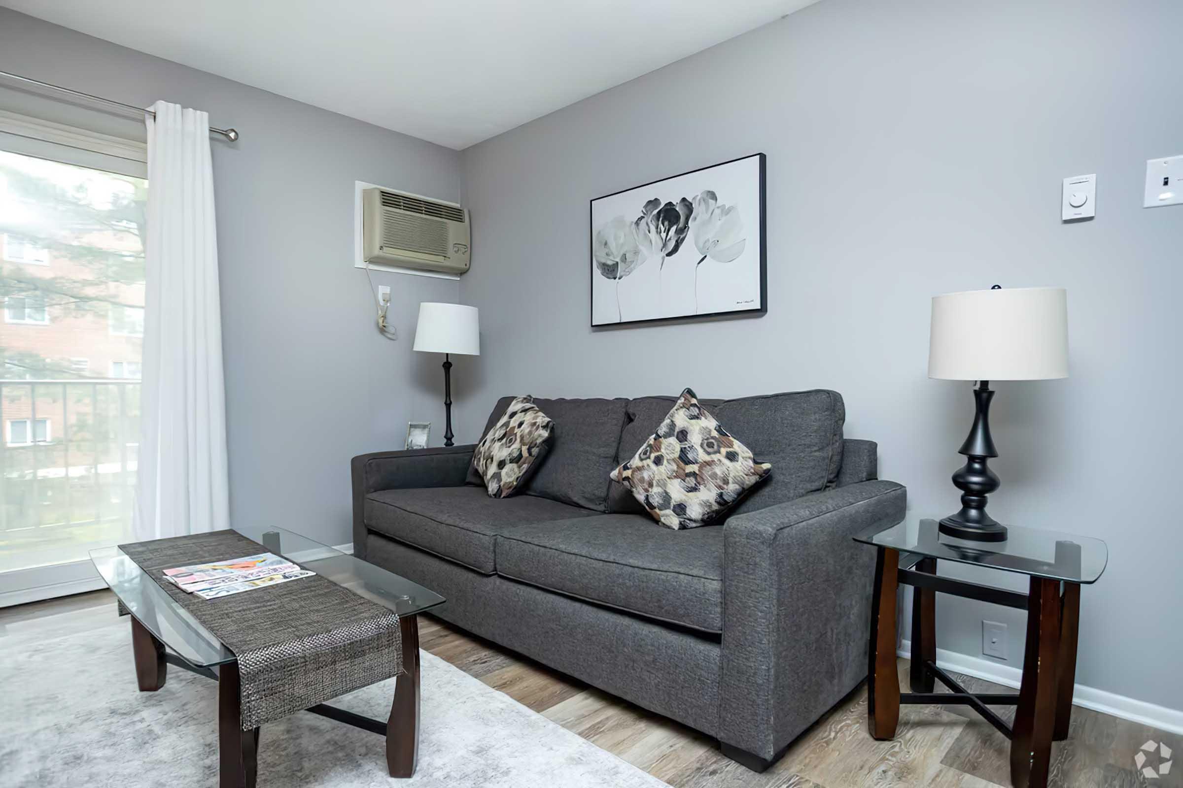 A cozy living room featuring a gray couch with decorative pillows, a glass coffee table, and two matching side tables with lamps. The walls are painted gray, and there is a large window with sheer curtains allowing natural light in. An air conditioning unit is visible on the wall.