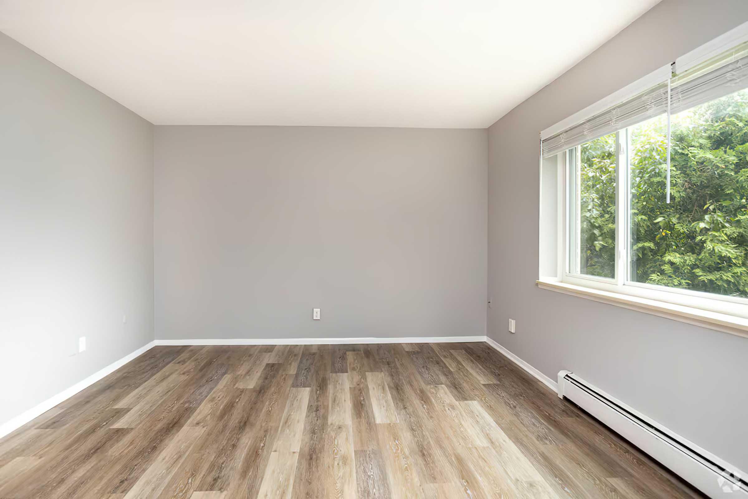 A bright and empty room with light gray walls and large windows letting in natural light. The floor features wooden laminate planks, and there is a baseboard heater along one wall. The view outside includes greenery visible through the window.