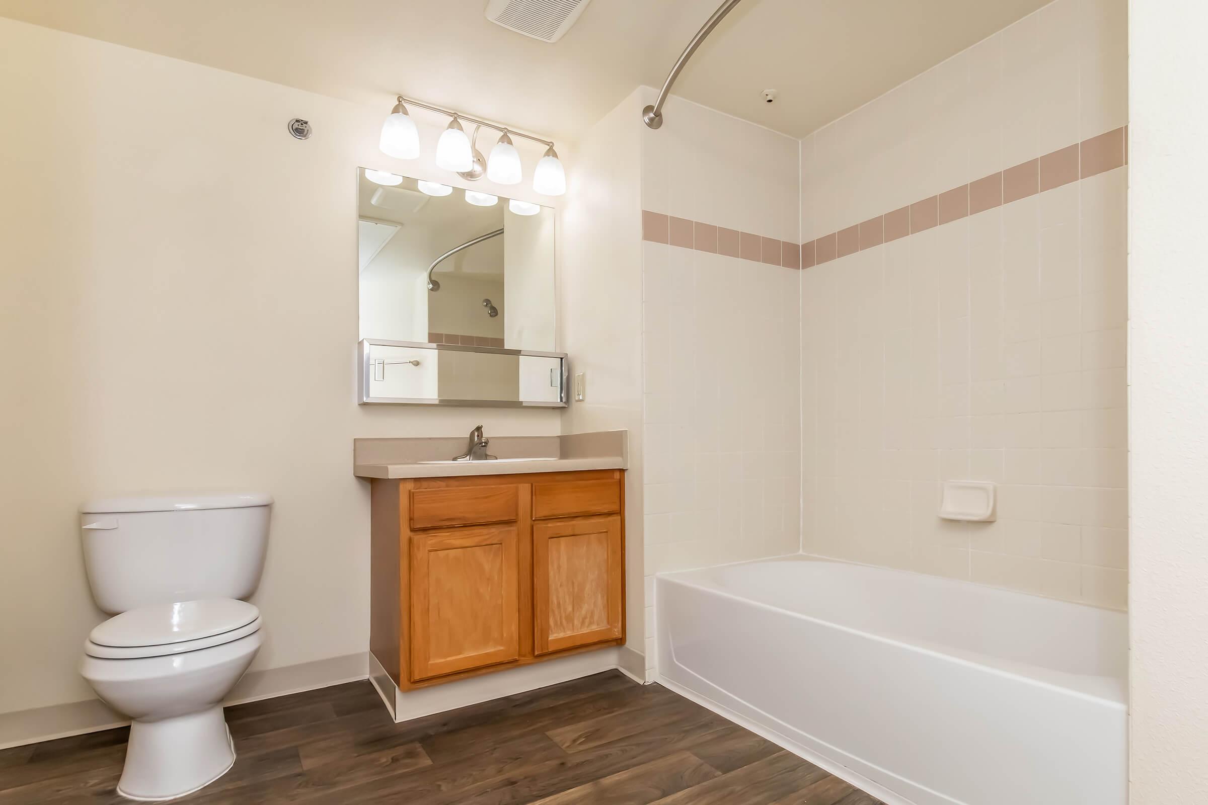 A clean and modern bathroom featuring a white bathtub, a wooden vanity with a sink, a large mirror with illuminated fixtures above, and a white toilet. The walls are tiled in light colors with a pink accent line, and the flooring is a dark wood finish.