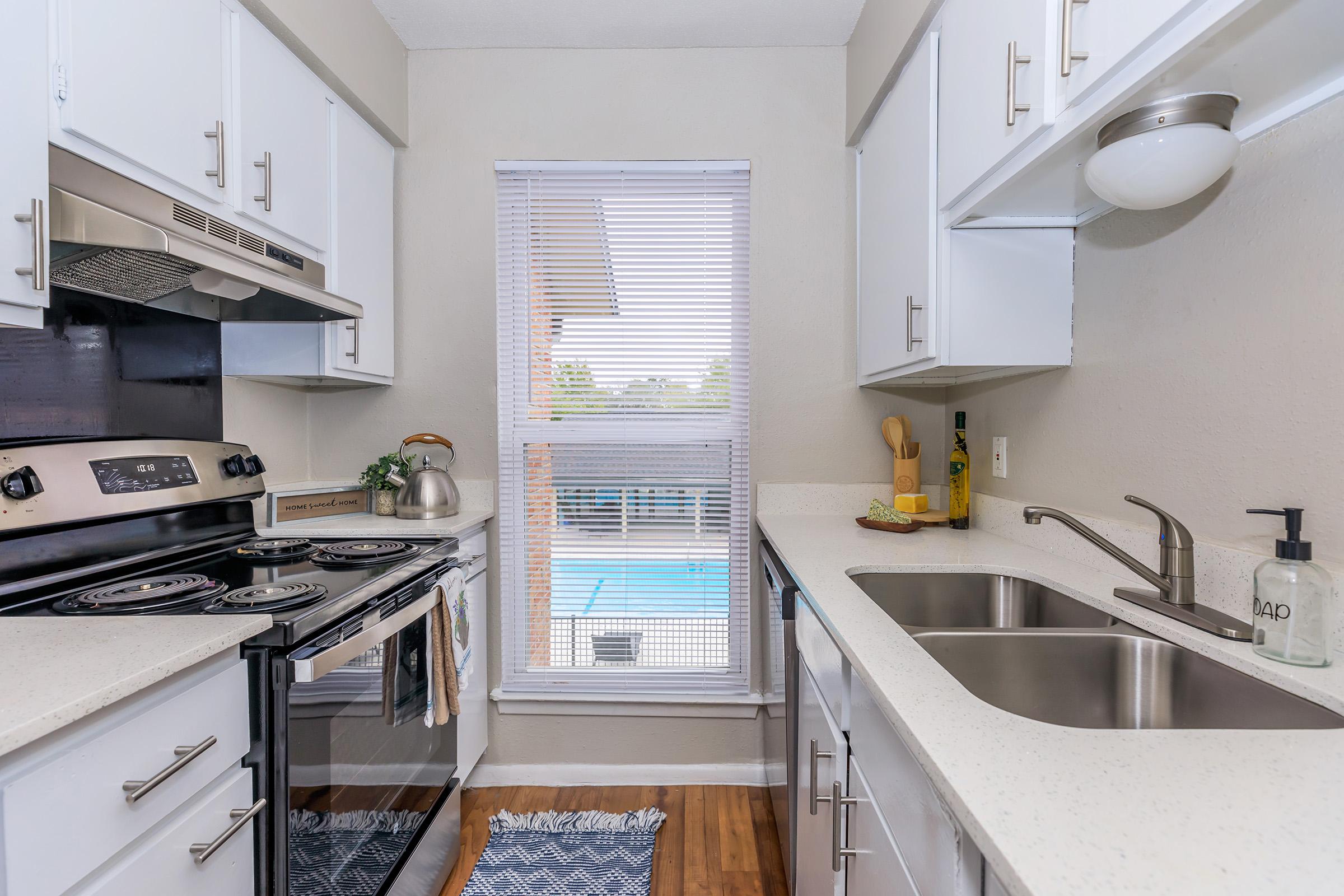 a kitchen with a stove and a sink