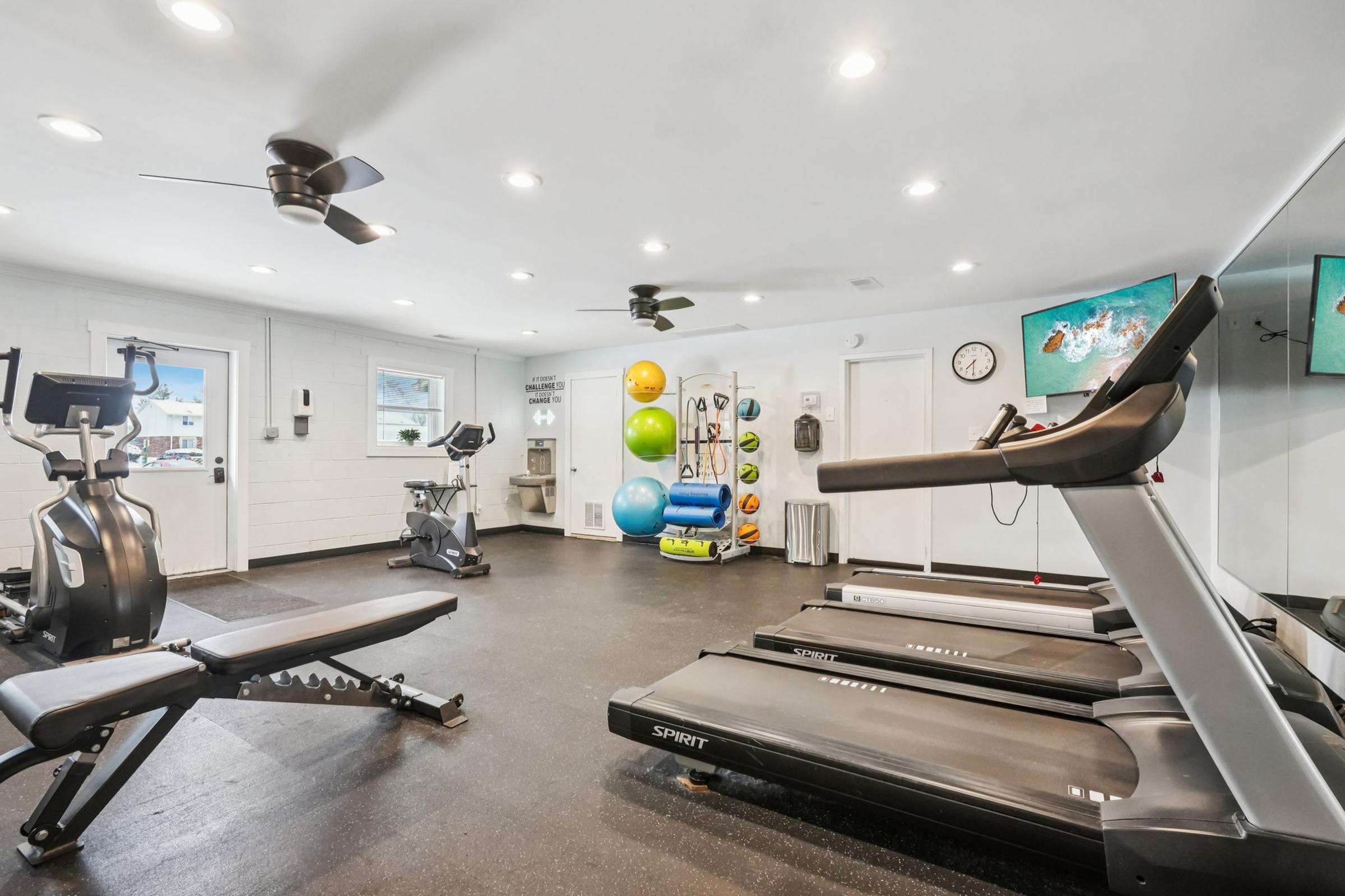 A bright and spacious home gym featuring two treadmills, an exercise bike, and a weight bench. The walls are adorned with colorful exercise balls, and a wall-mounted TV displays workout content. Ceiling fans provide ventilation, and windows bring in natural light.