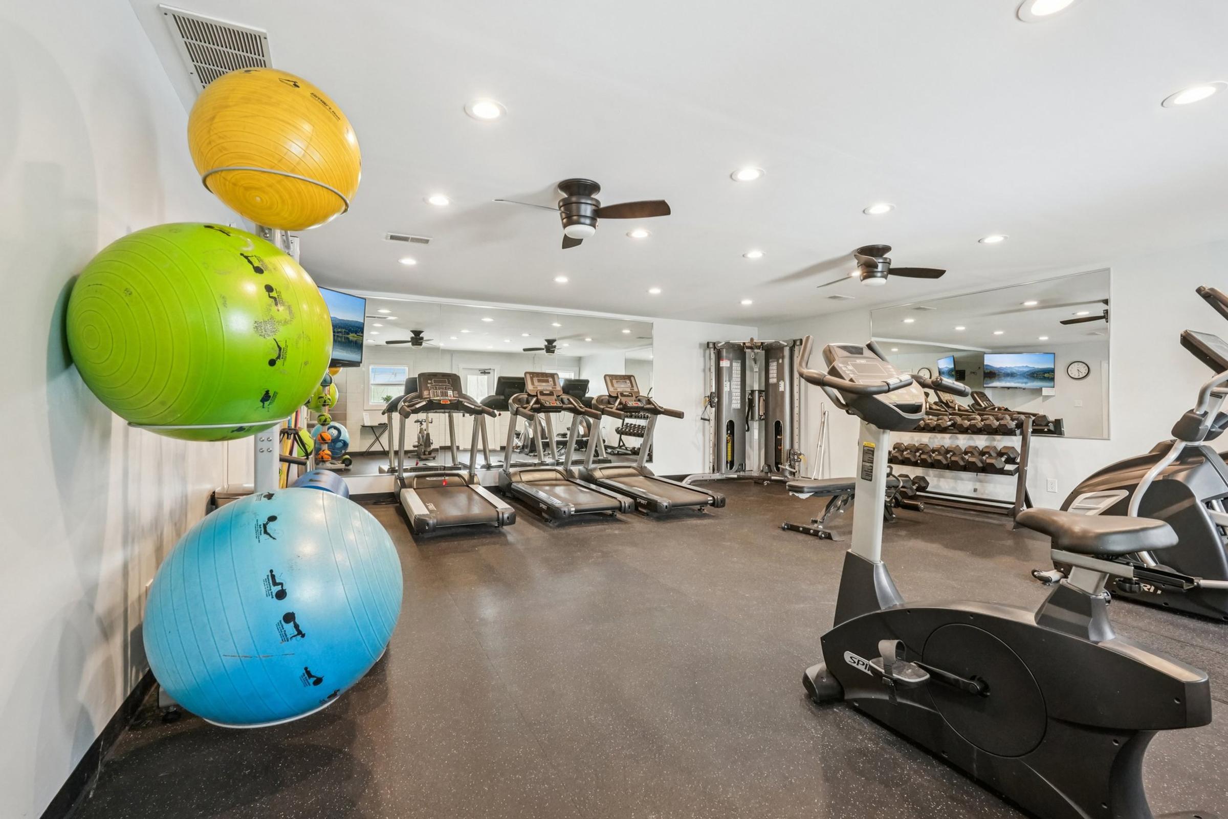 A modern fitness room featuring three colorful exercise balls on the wall, several treadmills, and a stationary bike. The space is well-lit with overhead lighting and mirrors, offering a motivating environment for workouts.