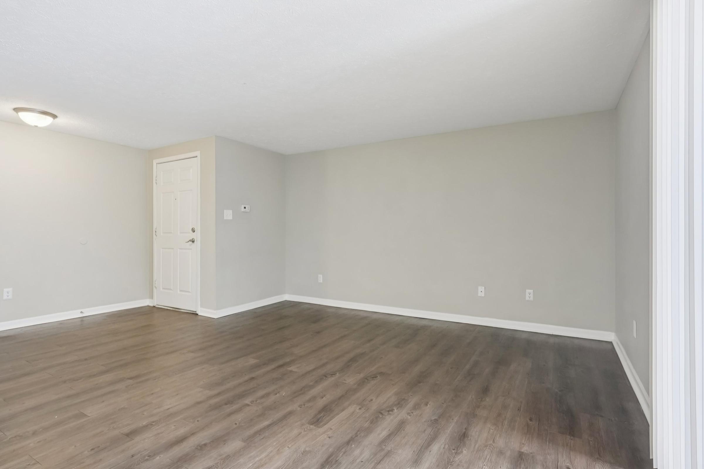 Empty interior of a room with light gray walls and a light-colored laminate floor. There is a plain white door on the left and a ceiling light fixture. The space is unadorned, creating a minimalistic and versatile environment suitable for various uses or decoration.