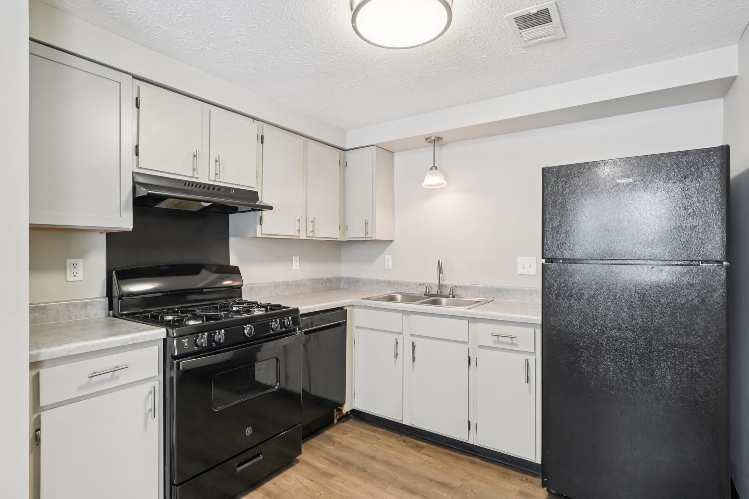 Modern kitchen featuring light gray cabinetry, a black gas stove, and a stainless steel sink. A black refrigerator is positioned nearby, and overhead lighting provides illumination. The flooring is a wood-like laminate, creating a warm and inviting atmosphere.