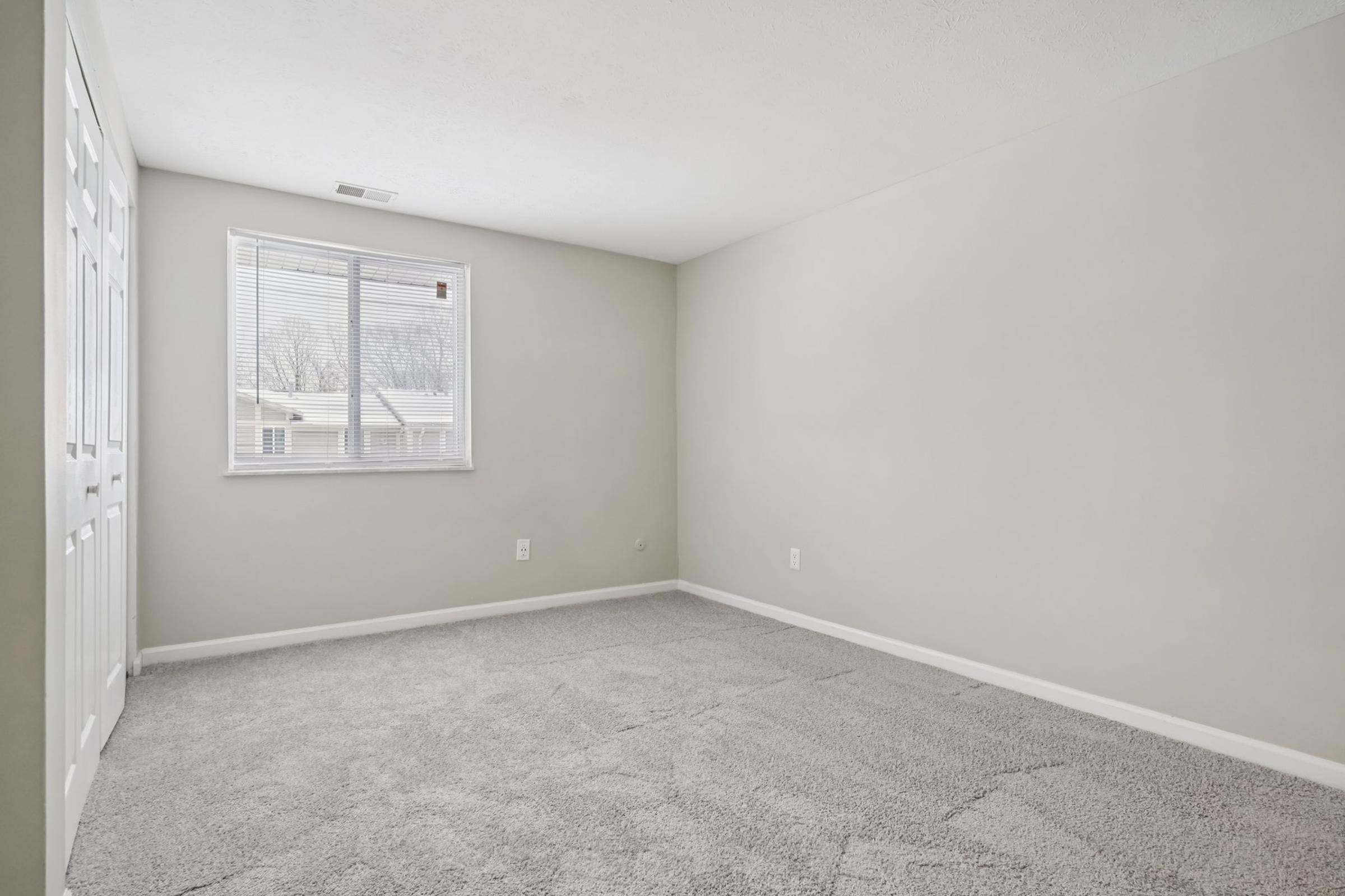 A sparse, empty room with light gray carpet and neutral-colored walls. A window on the left side allows natural light to enter, while a closet with white sliding doors is visible on the opposite wall. The room appears freshly painted and ready for furnishing.