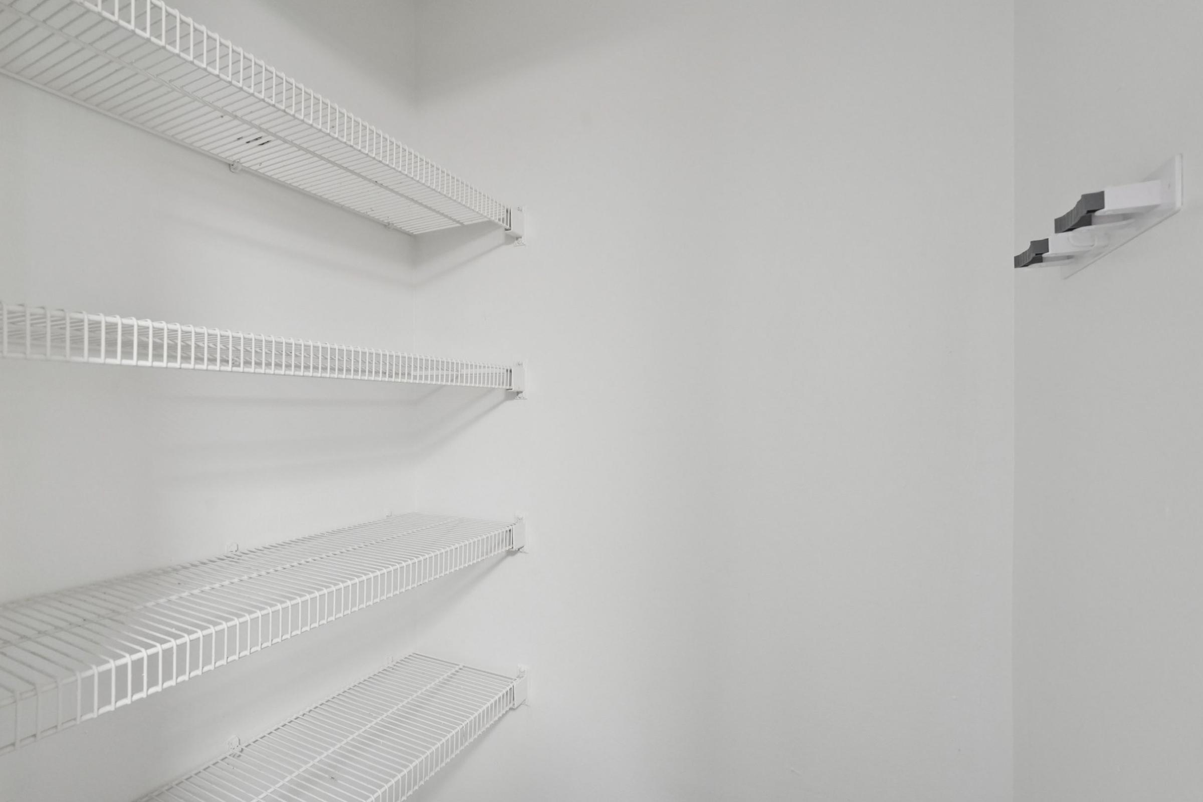 Empty white pantry or closet with four wire shelves and one wall-mounted hook. The walls and shelves are plain and unadorned, creating a minimalist storage space. Bright lighting enhances the clean and open appearance of the area.
