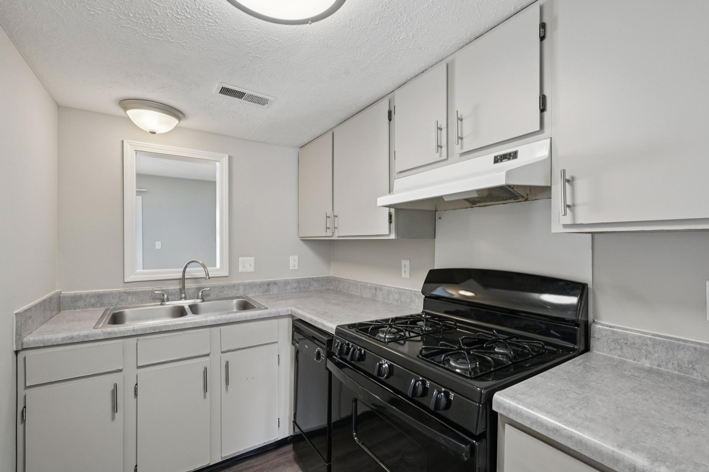 Modern kitchen featuring gray cabinets, a stainless steel sink, a black gas stove, and countertop space. The walls are painted in a neutral color, and there's a ceiling light. A mirror is visible above the sink, enhancing the room's brightness.