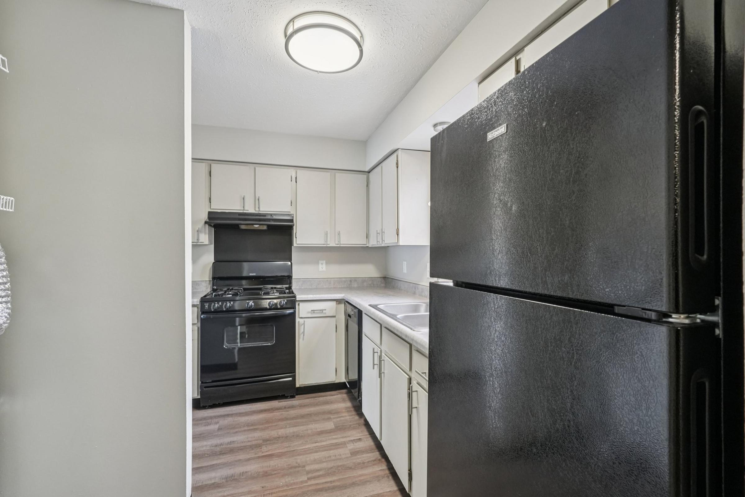 A modern kitchen featuring a black refrigerator and matching stove. The cabinets are light-colored, and there's a countertop with a sink. The room has a neutral color scheme and laminate flooring, creating a spacious and functional cooking area. A ceiling light provides overhead illumination.