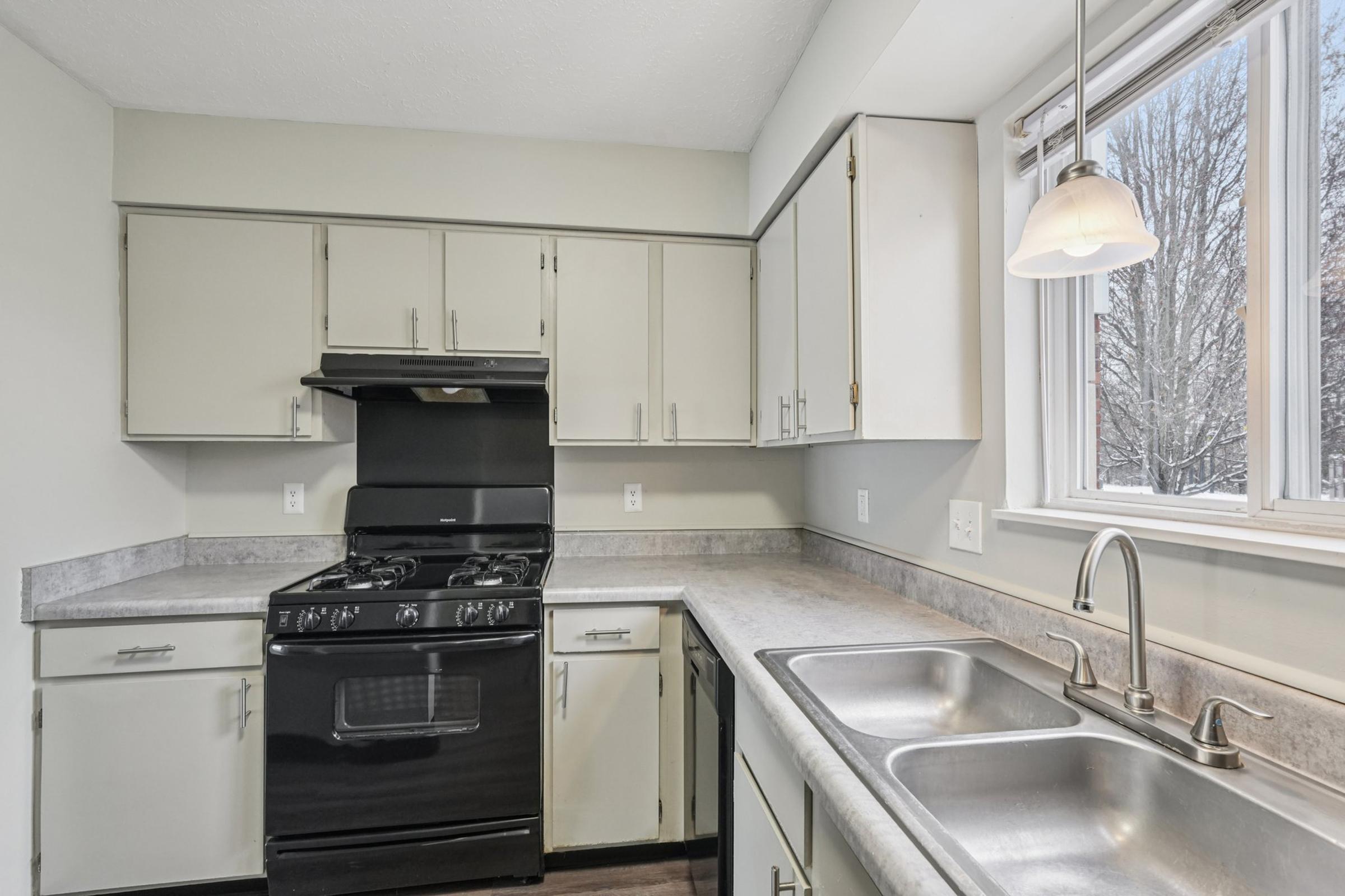 A modern kitchen featuring a black gas stove, double stainless steel sink, and light-colored cabinets. Natural light comes in through a window, illuminating the neutral walls and countertops. A pendant light hangs above the sink, adding to the bright ambiance of the space.