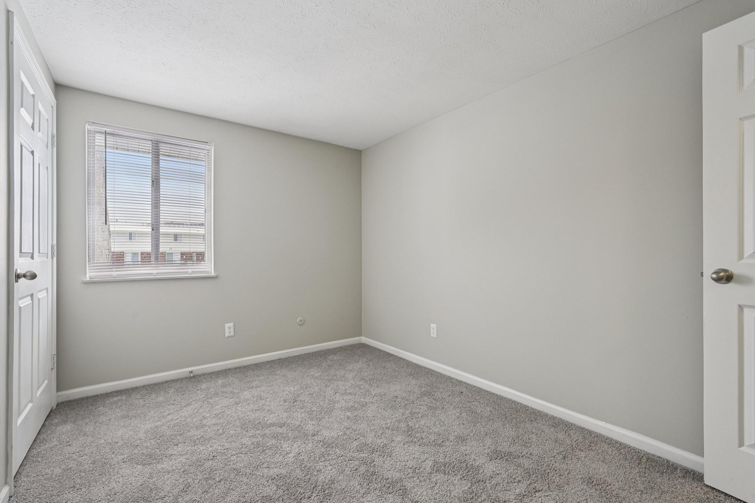 A lightly furnished room with light gray walls and plush carpet. The room features a window with blinds allowing natural light in, and two closed doors on one wall. The space appears clean and empty, suitable for various uses like a bedroom or office.