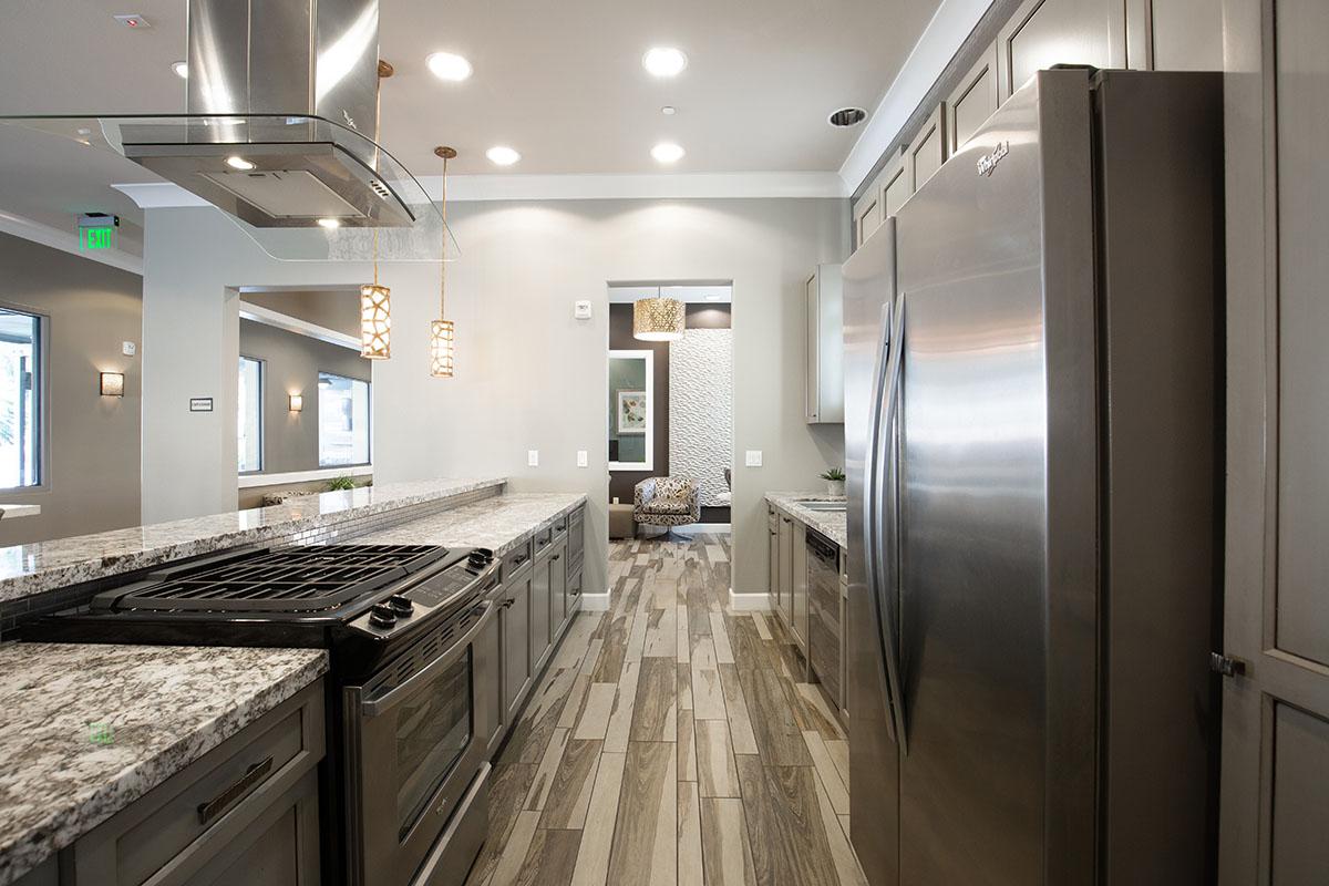 Community kitchen with stainless steel appliances