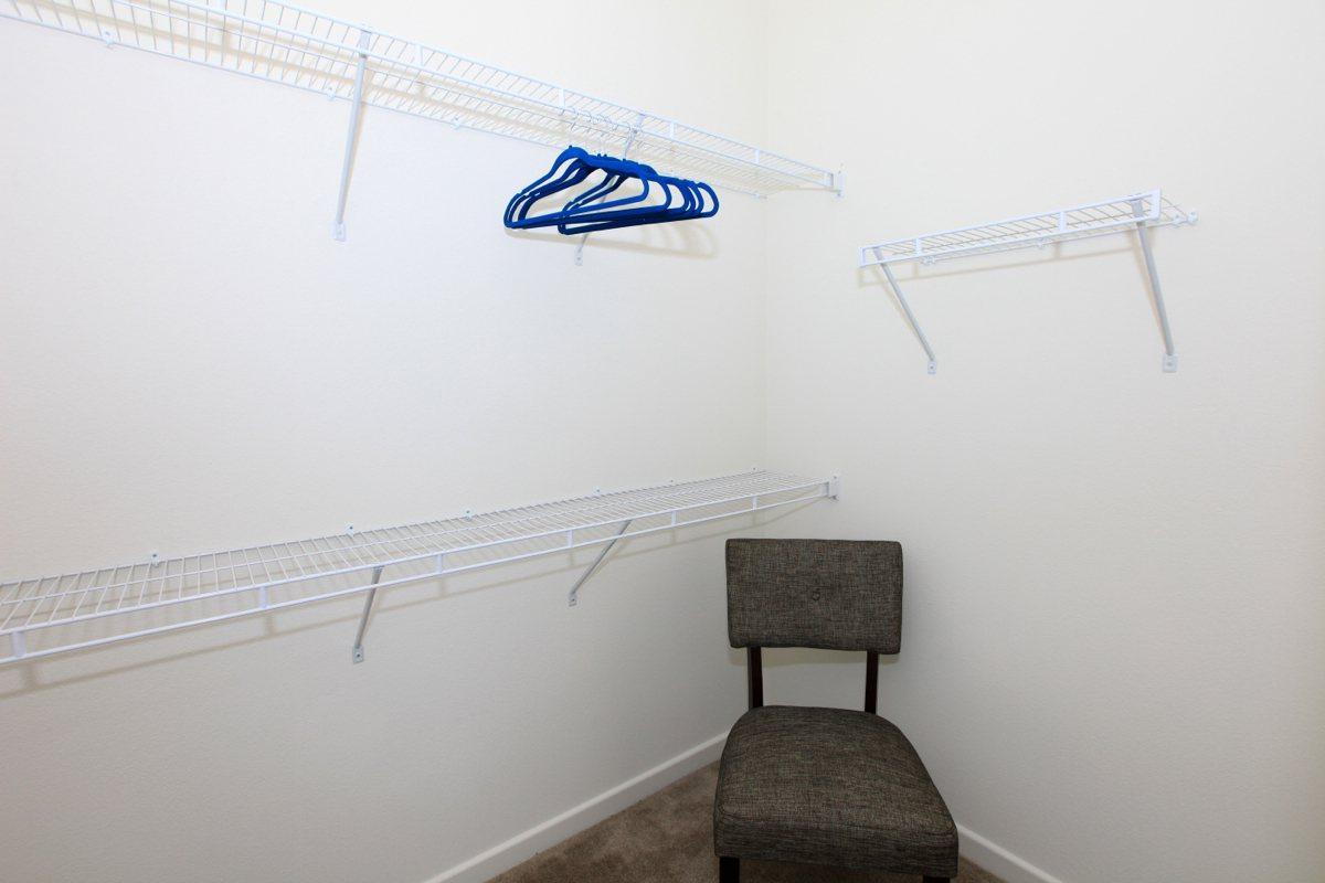 Walk-in closet with blue hangers