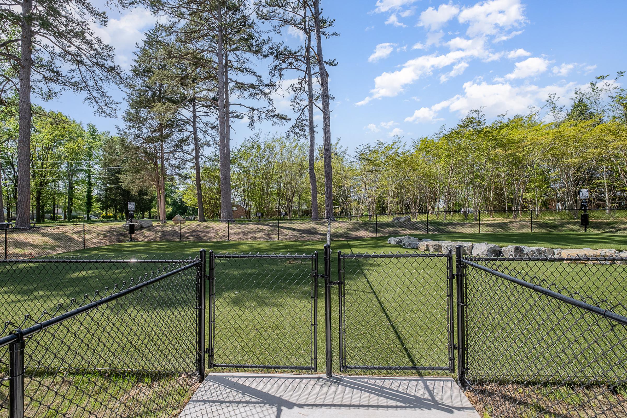 A view of a lush, green park area enclosed by a black chain-link fence. The scene features tall trees in the background and a well-maintained lawn. Blue sky with a few clouds can be seen above. The entrance gate to the park is open, inviting visitors to enter and enjoy the natural surroundings.