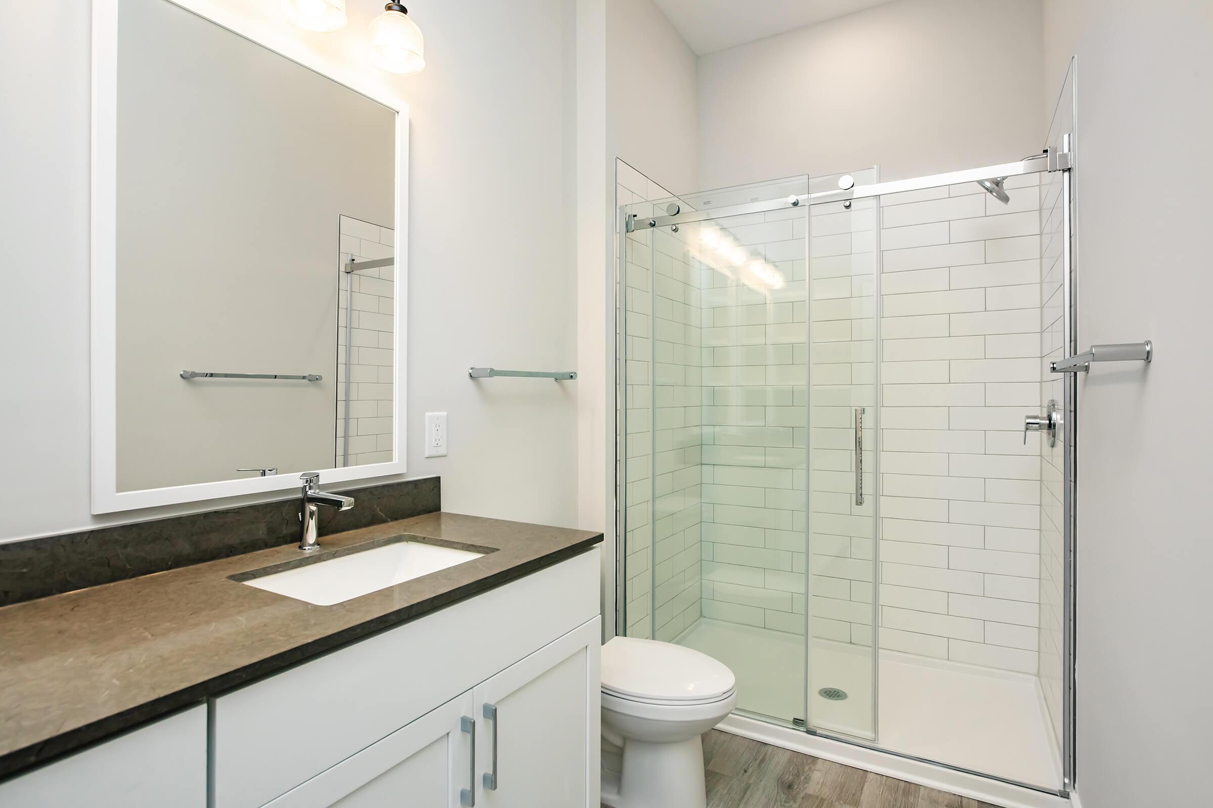 Modern bathroom featuring a glass shower enclosure, a large mirror above a sleek sink with a dark countertop, and a toilet. The walls are tiled in white with subtle gray accents, and the floor is a light wood finish, creating a clean and contemporary look.