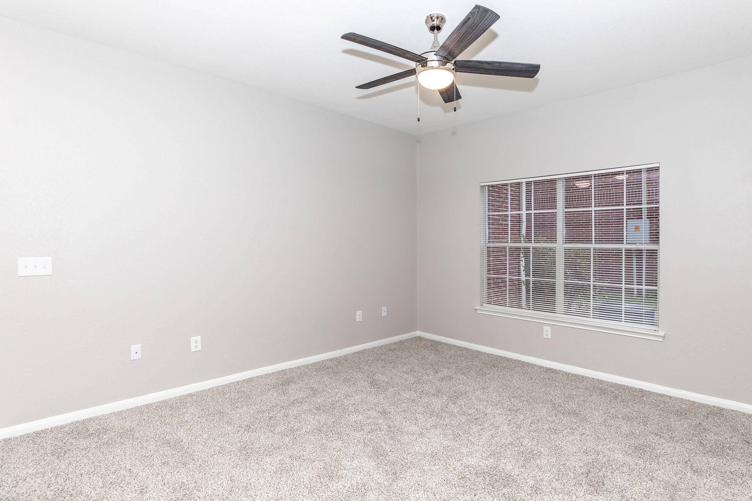 Empty room featuring light gray walls, a ceiling fan with wooden blades, and a large window with white blinds. The floor is covered in plush beige carpet, and there are several electrical outlets on the walls. Natural light streams in through the window, creating a bright and airy atmosphere.