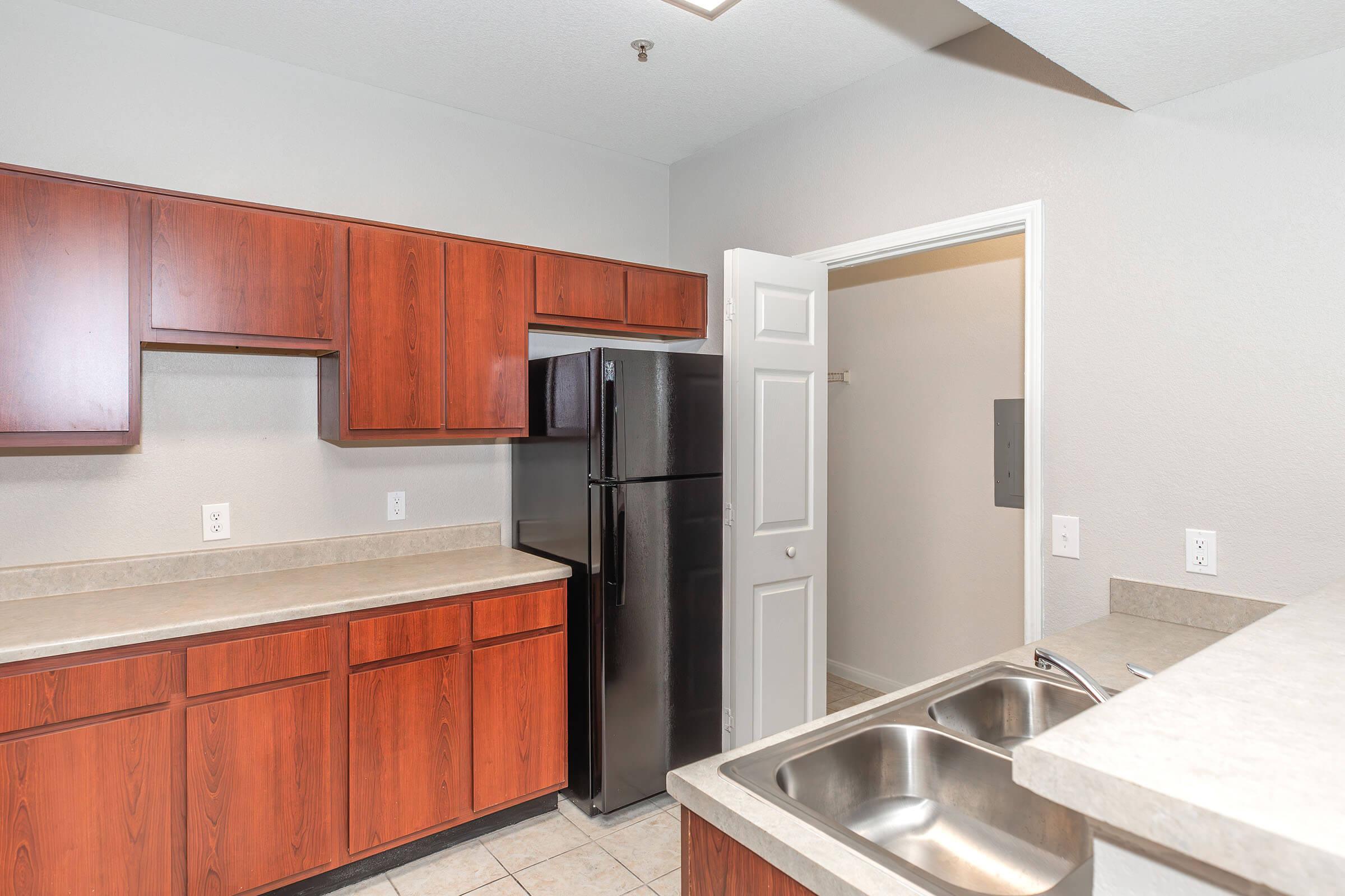 A modern kitchen featuring wooden cabinets, a black refrigerator, and a double sink. The countertop is light-colored, and the walls are painted in a neutral shade. A door leads to a pantry or additional room on the right. The layout is open and well-lit, showcasing a clean and tidy design.