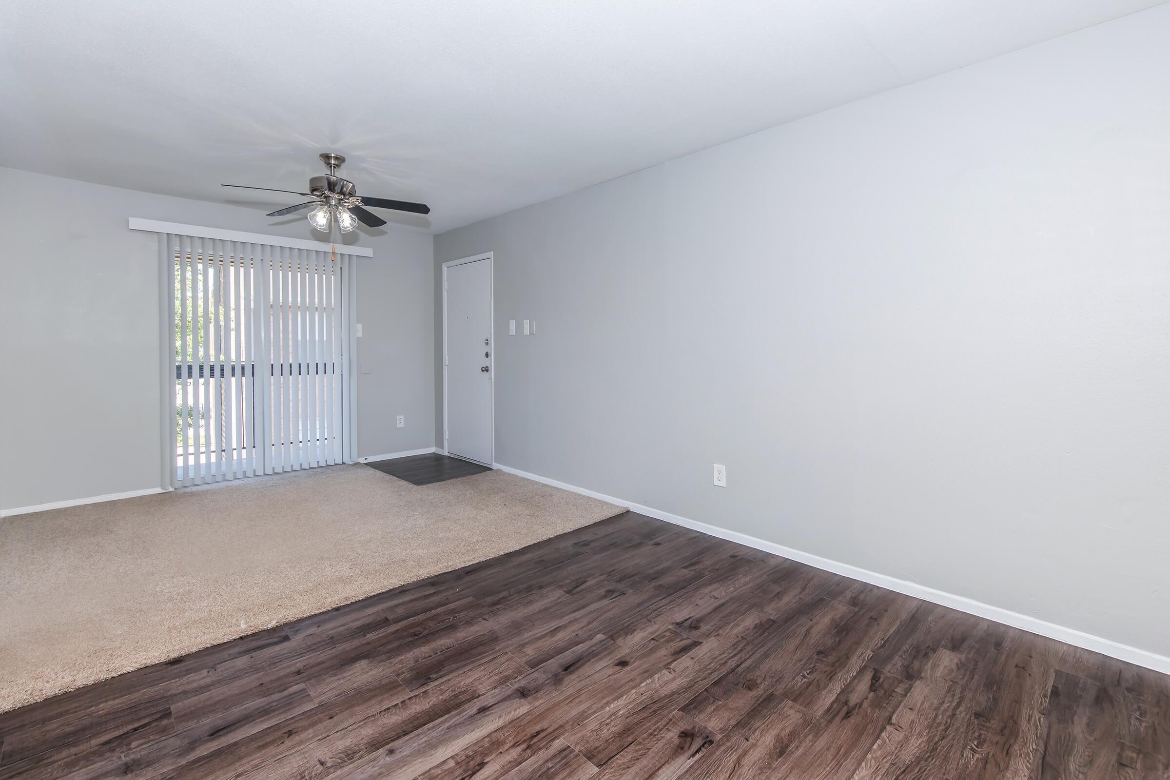 A spacious, empty living room featuring light gray walls, a ceiling fan, and a sliding glass door with white vertical blinds. The flooring consists of beige carpet and dark wood-like laminate. The entrance area is visible, with a simple and clean design, ready for personal decoration.