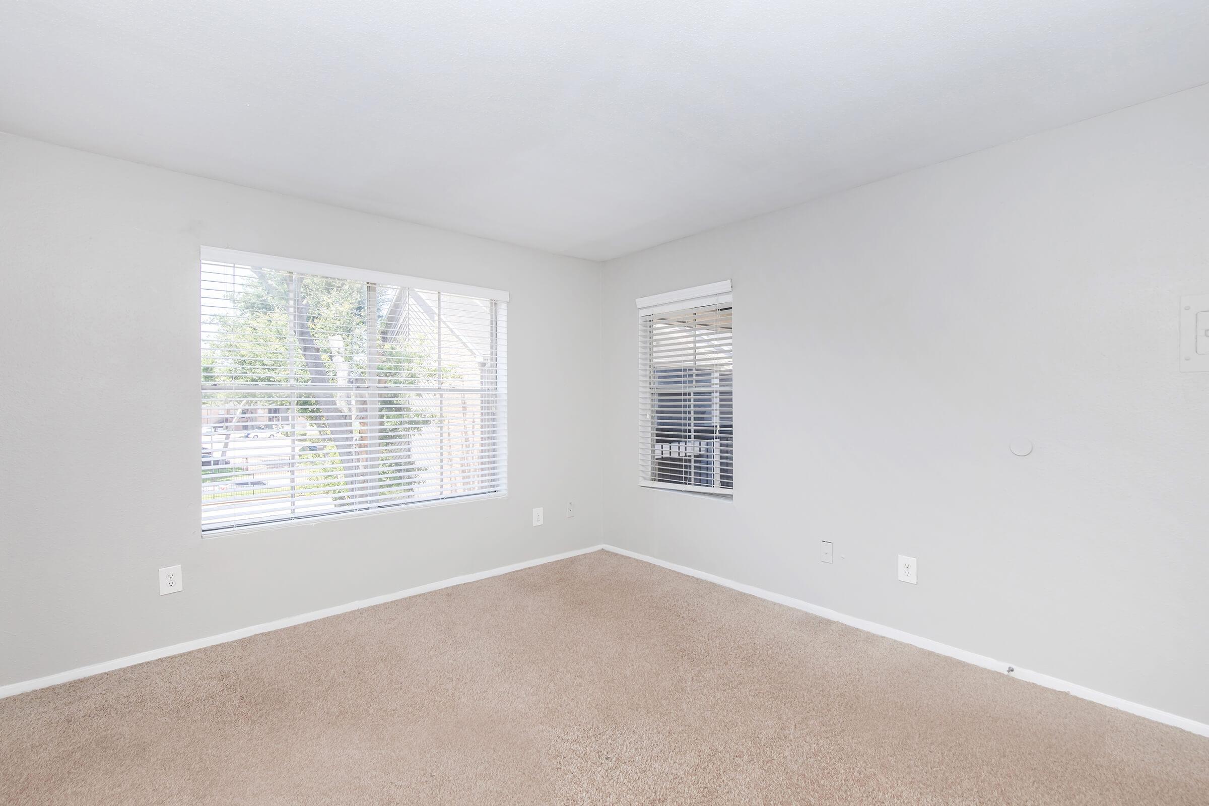 A bright, empty room with light gray walls and carpet. Two windows allow natural light to enter, with blinds partially drawn on one window. The space appears clean and minimalist, suitable for various purposes such as a living area or bedroom.