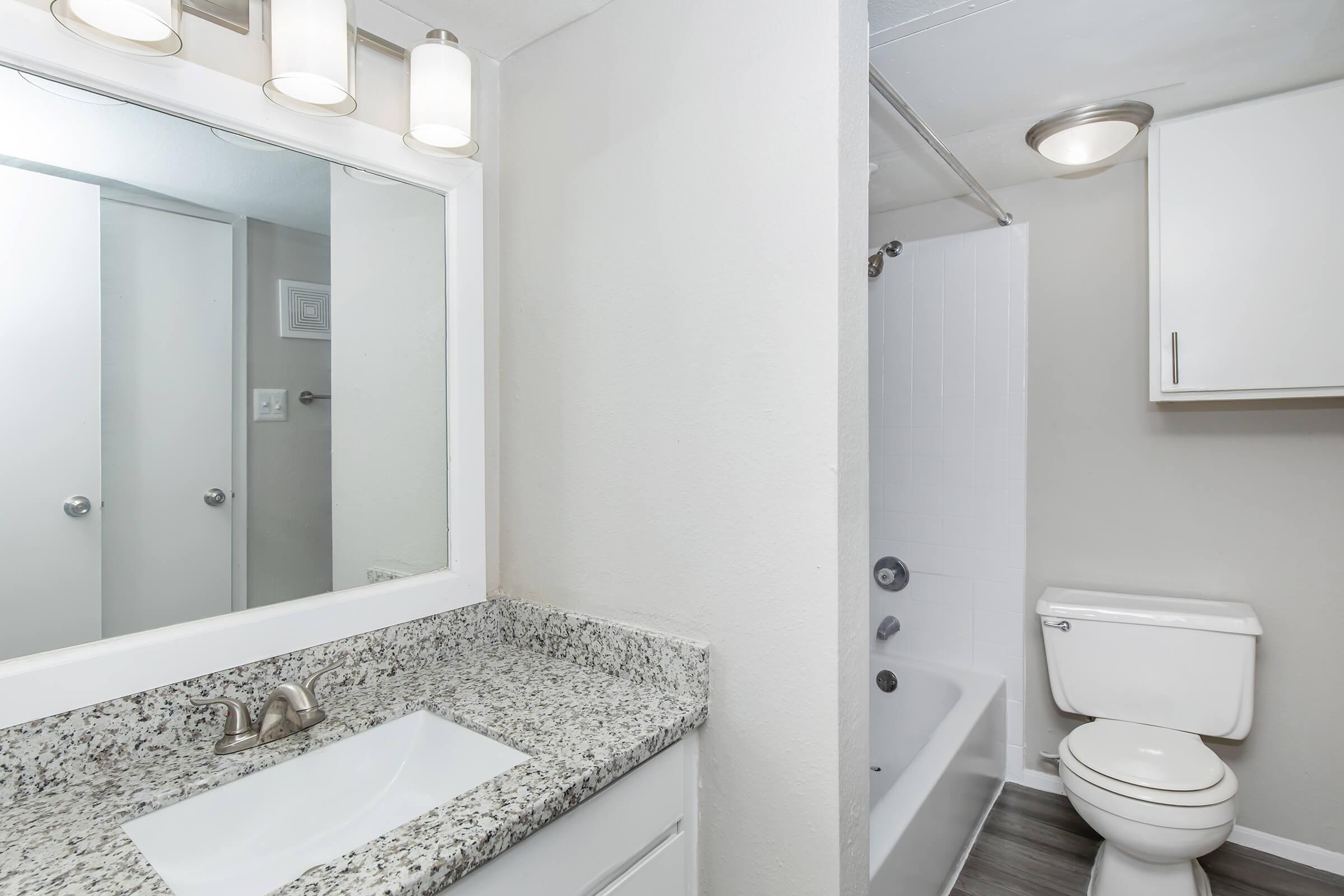 A modern bathroom featuring a white sink with a granite countertop, a large mirror with light fixtures above, a white bathtub with a shower curtain, a toilet, and light-colored walls. The flooring is a dark wood-style finish, creating a clean and contemporary look.