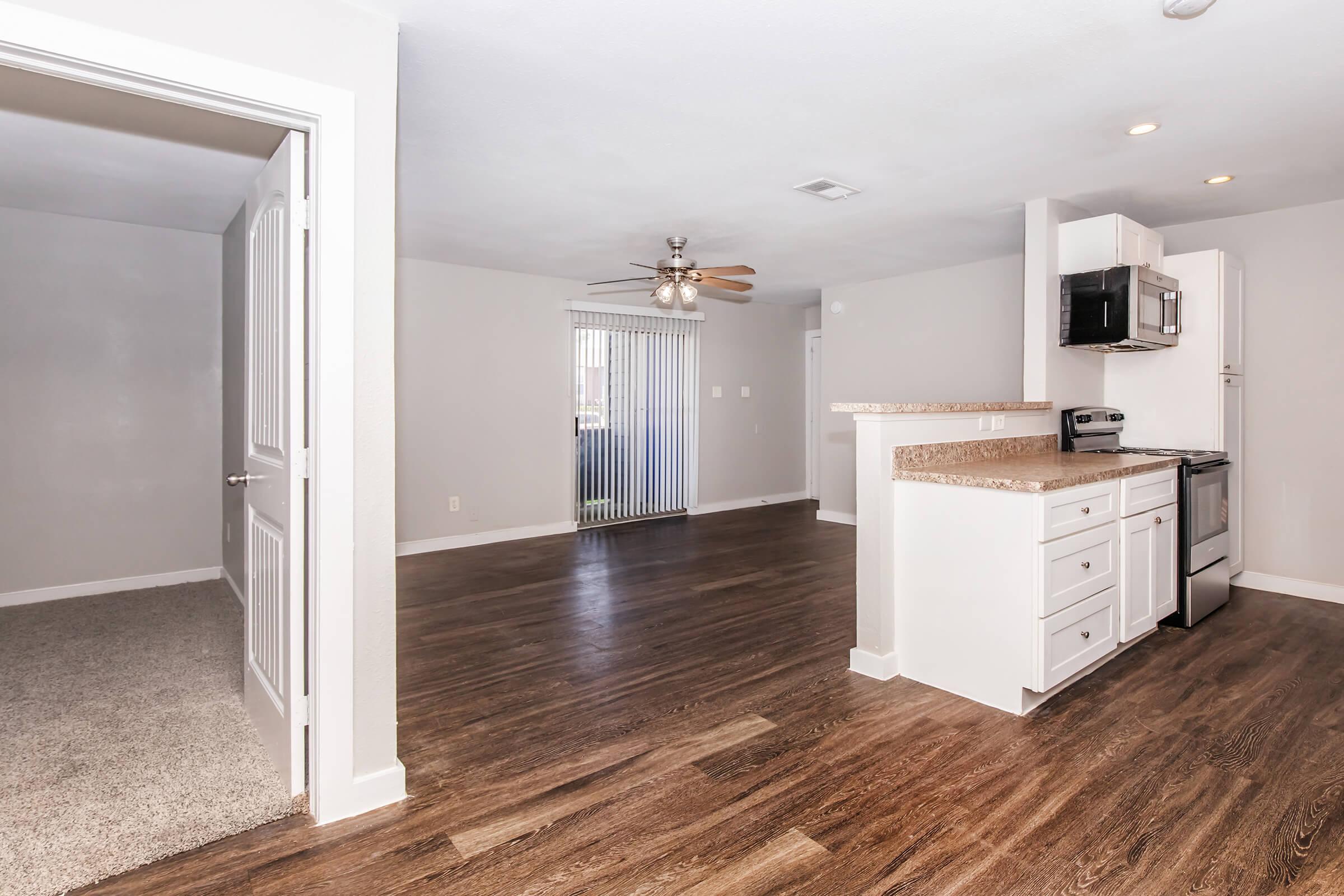 Interior view of a modern, open-concept living space showcasing a kitchen area with stainless steel appliances, granite countertops, and white cabinetry. The adjacent living area features hardwood flooring and a ceiling fan. A doorway leads to a carpeted space, while sliding glass doors offer natural light.