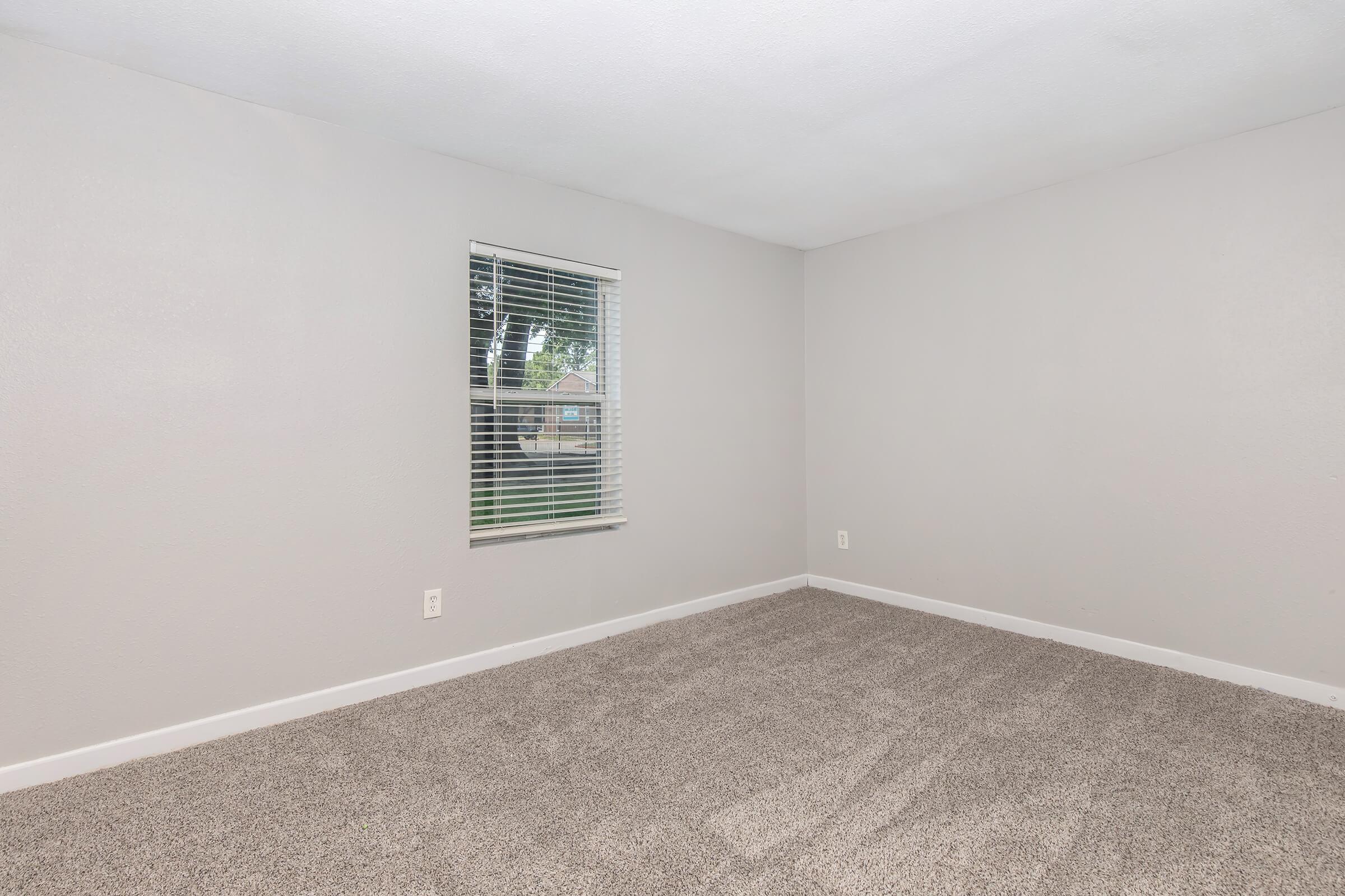 A vacant room with light gray walls and beige carpet. There is a window with white blinds allowing natural light to enter, creating a bright atmosphere. The room is empty, providing a clean and spacious feel, suitable for various uses or personal decoration.
