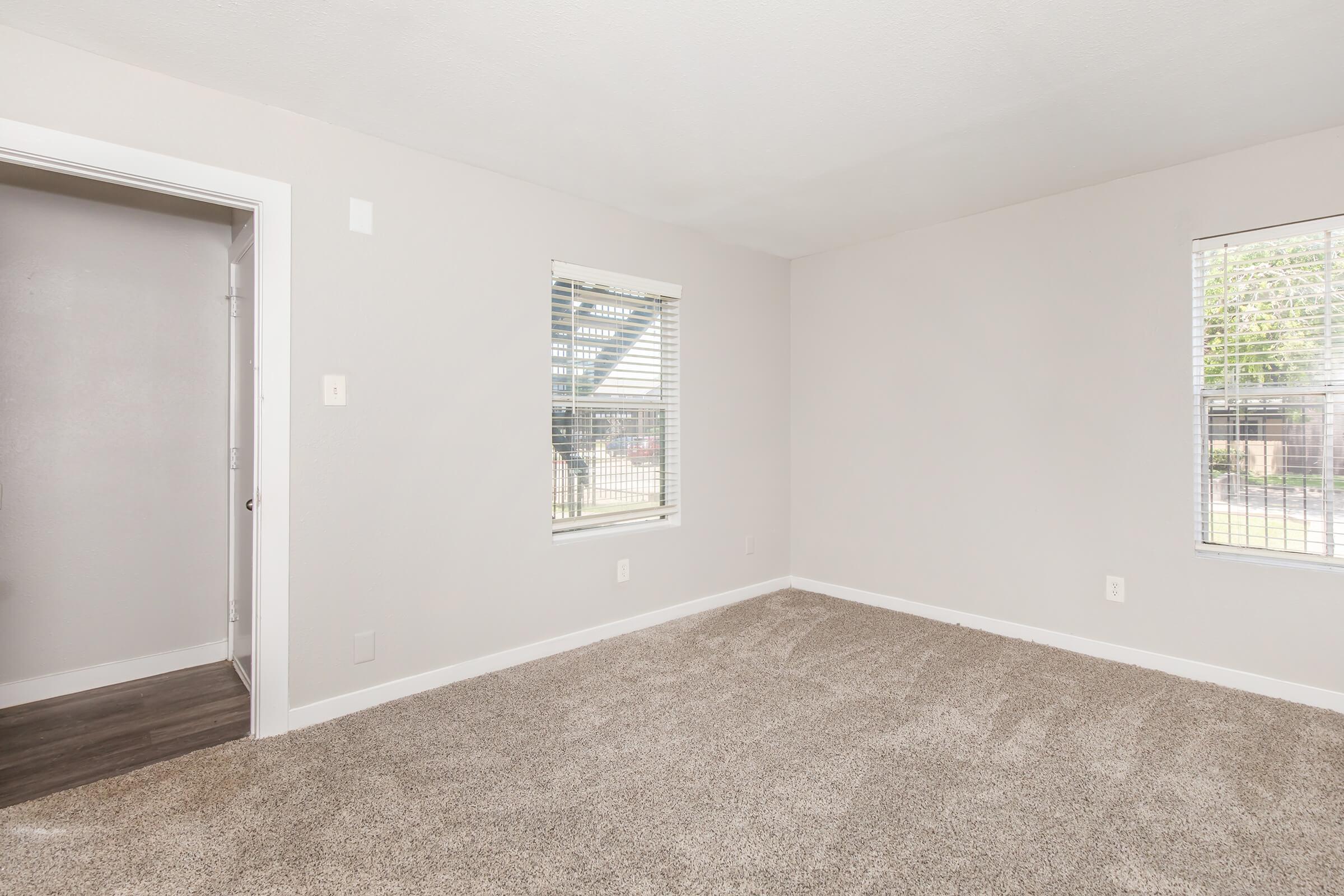 A brightly lit, empty living room featuring light gray walls, two windows with blinds, and a plush carpeted floor. An open doorway leads to another room, enhancing the spacious feel. The overall ambiance is clean and modern, suitable for personal decoration.
