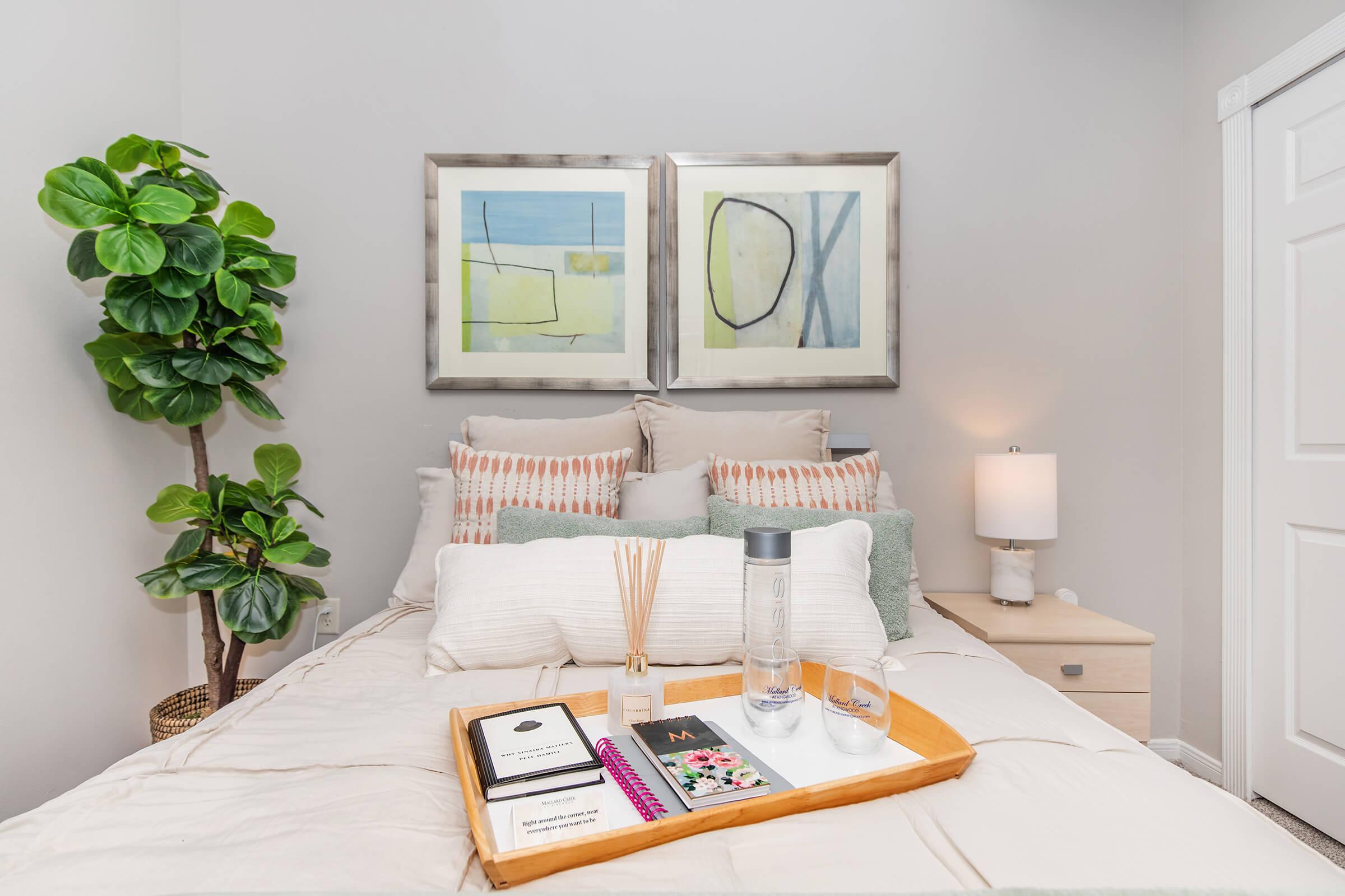 Cozy bedroom featuring a neatly made bed with decorative pillows, a bedside table with a lamp, a tray holding a water bottle, notebooks, and a plant. Two abstract art pieces hang above the bed, and a green plant adds a touch of nature to the room. A white door is partially visible in the background.