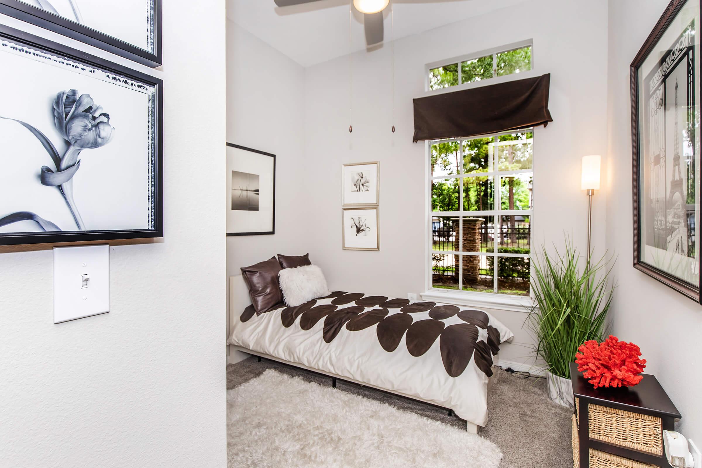 A cozy bedroom featuring a bed with a decorative comforter, two framed black-and-white flower prints on the walls, a large window with natural light, a potted plant, and a small decorative basket. The room includes a soft area rug and a nightstand with a lamp, creating a warm and inviting atmosphere.