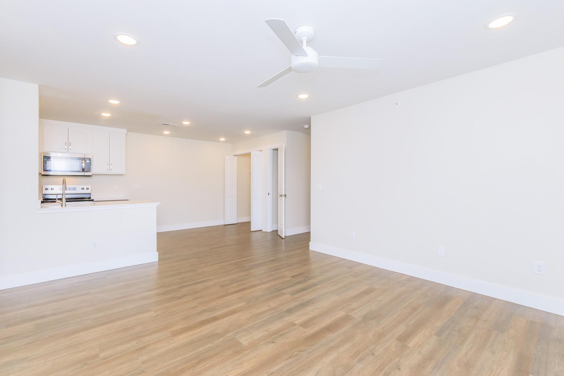 A spacious, well-lit room with light-colored walls and wooden flooring. The area features a ceiling fan, and an open kitchen with stainless steel appliances is visible to the left. There are doors leading to other rooms, creating a welcoming living space.